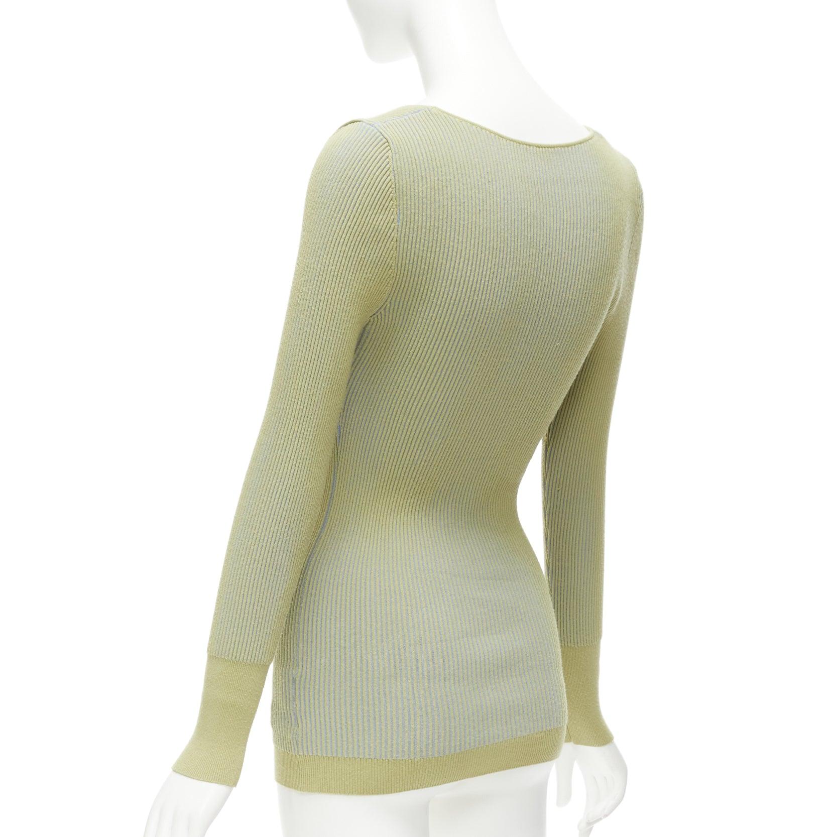 JACQUEMUS Rosa green blue ribbed scoop neck fitted long sleeve top FR40 L For Sale 2