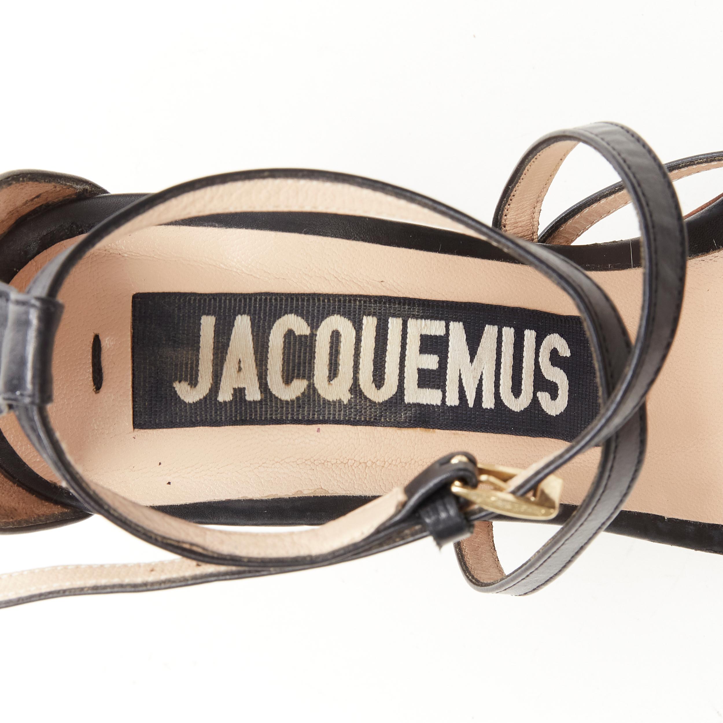 JACQUEMUS Runway architectural wood block gold ring black strappy heel EU36 For Sale 1