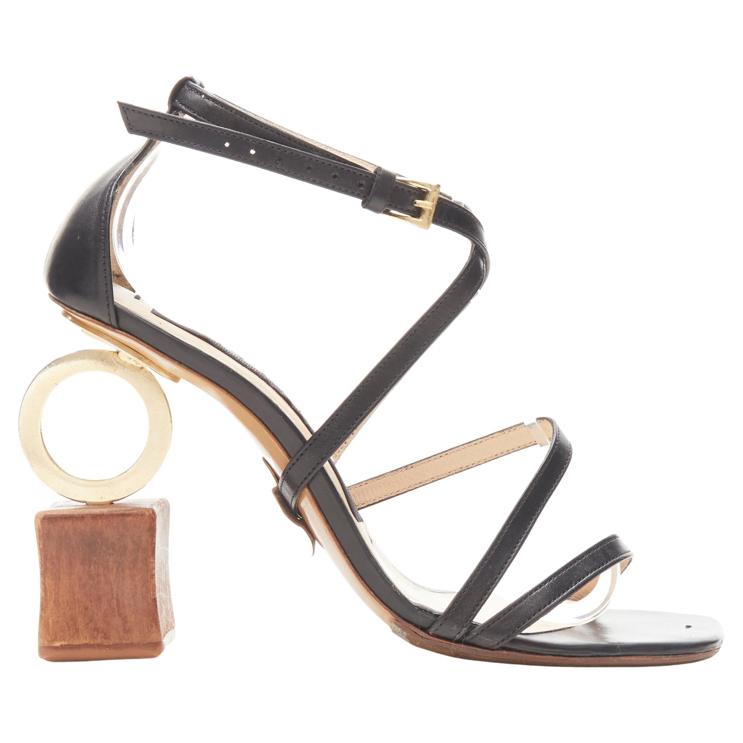 JACQUEMUS Runway architectural wood block gold ring black strappy heel EU36 For Sale