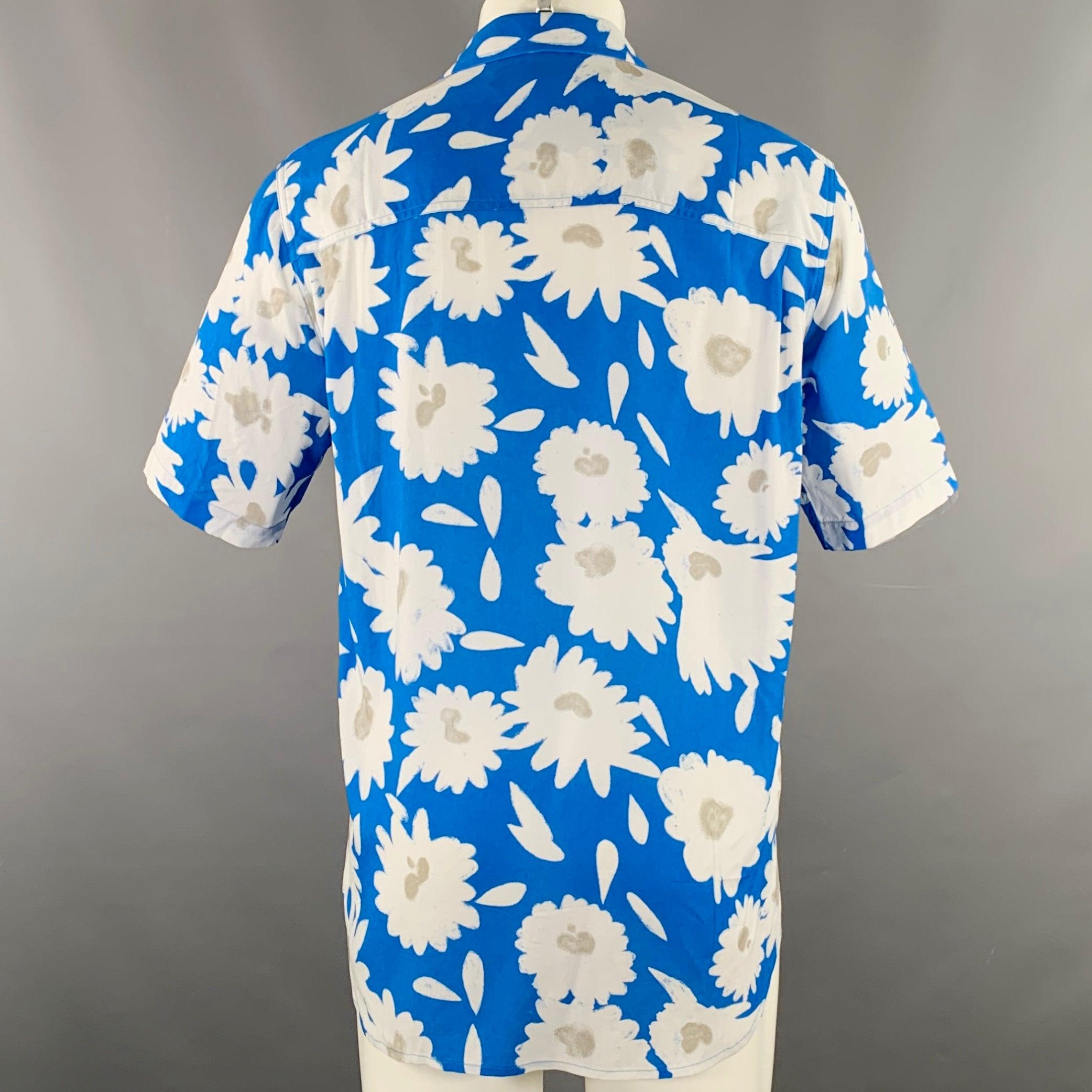 JACQUEMUS Size 38 Blue White Floral Viscose One pocket Short Sleeve Shirt In Excellent Condition For Sale In San Francisco, CA