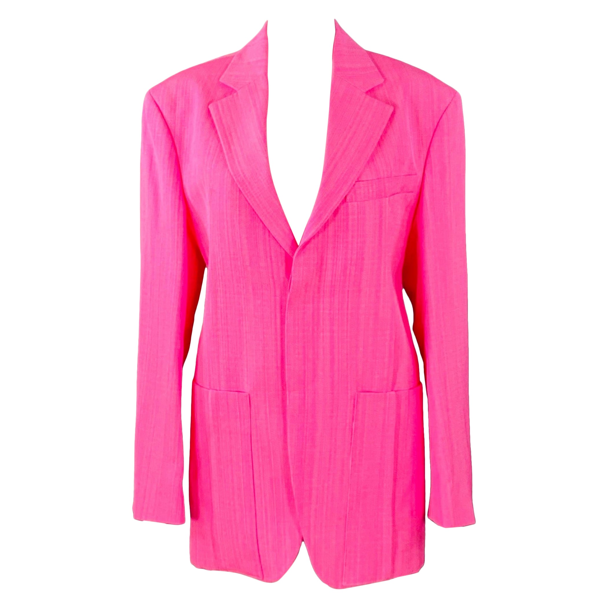 Jacquemus Size S Le Coup de Soleil Neon Pink White Viscose Silk Notch Lapel Jacket Blazer