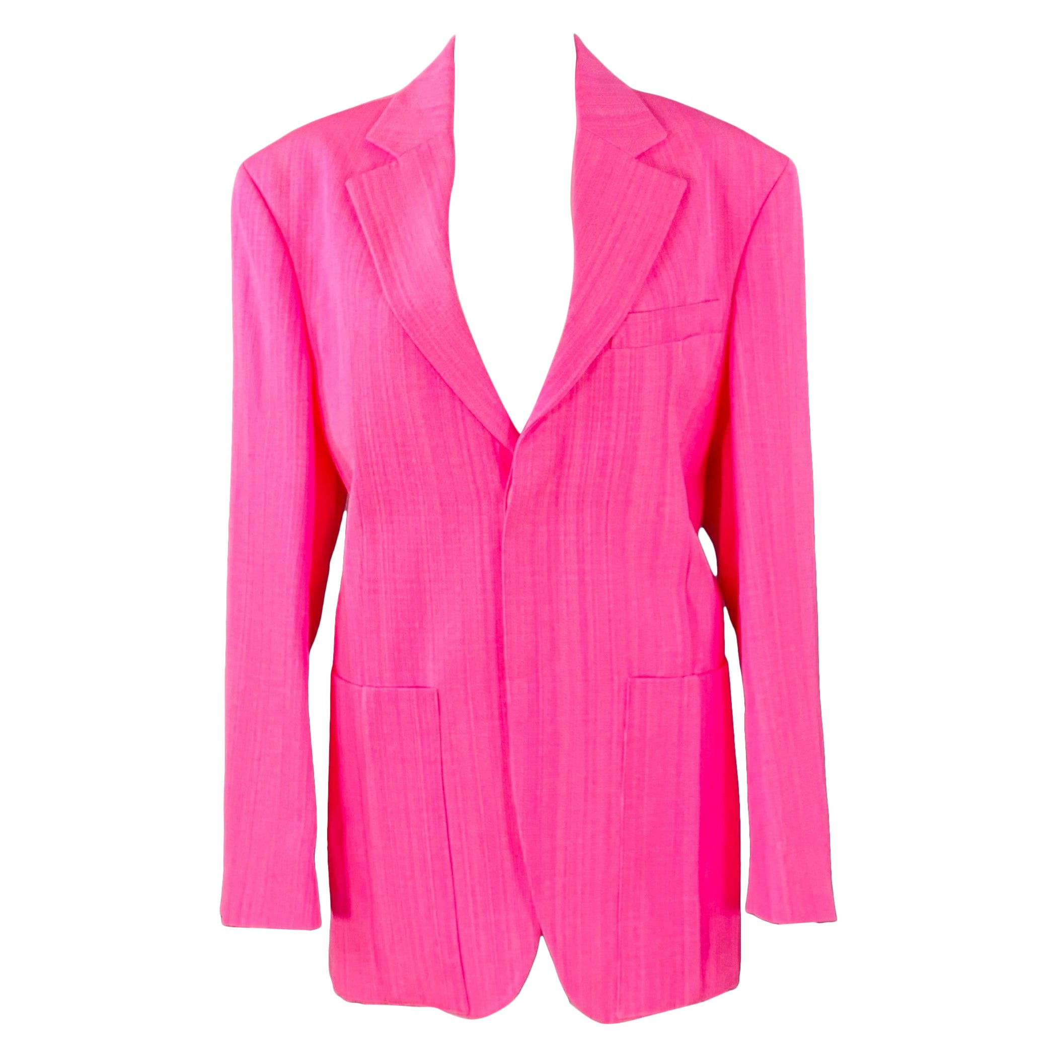 Jacquemus Size S Le Raphia Neon Pink White Viscose Blend Notch Lapel Jacket Blazer