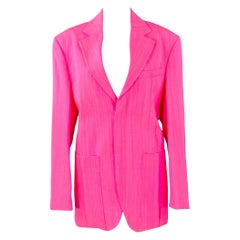 Jacquemus Size S Le Raphia Neon Pink White Viscose Blend Notch Lapel Jacket Blazer