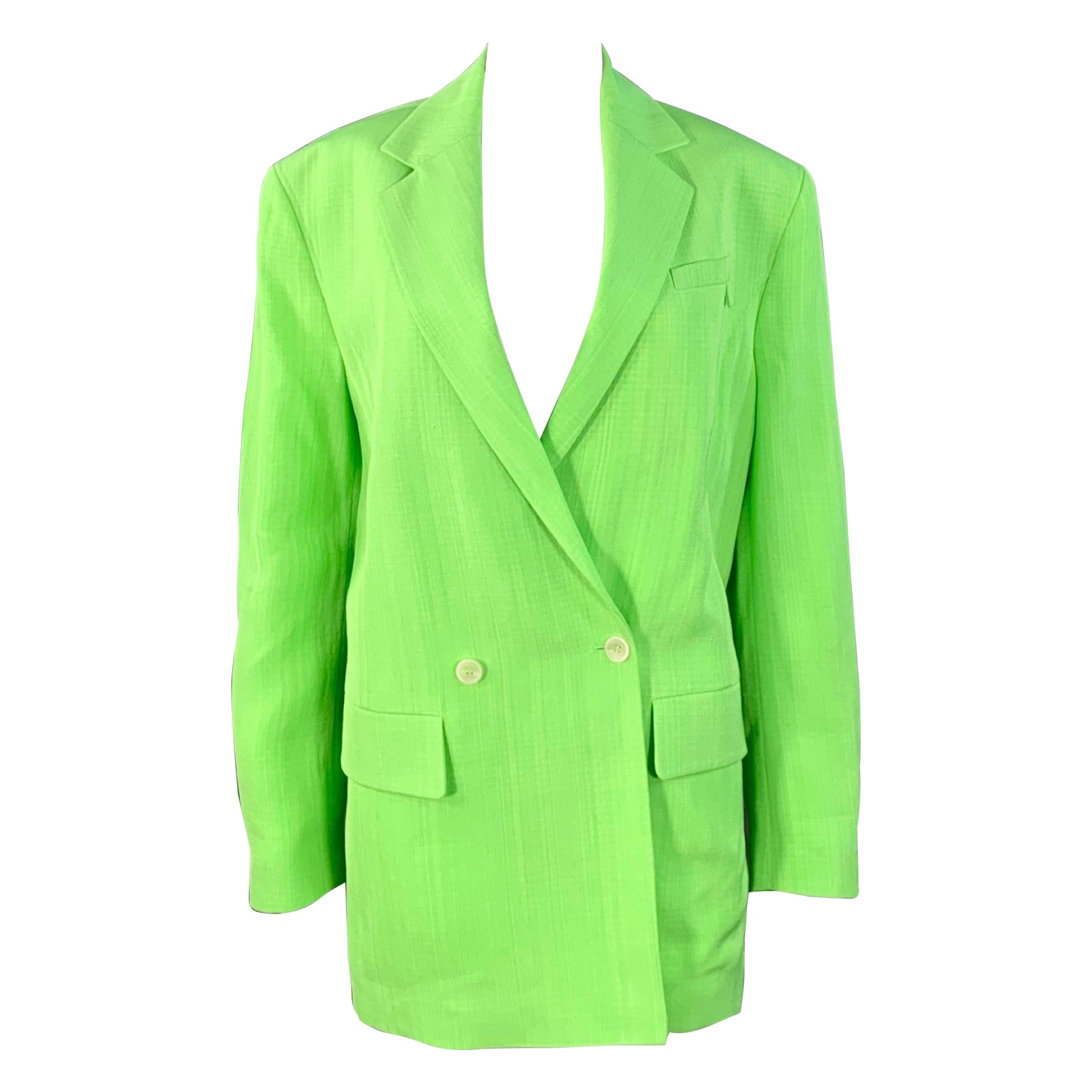 JACQUEMUS Size S Le Splash Neon Green White Viscose Silk Double Breasted Jacket Blazer en vente
