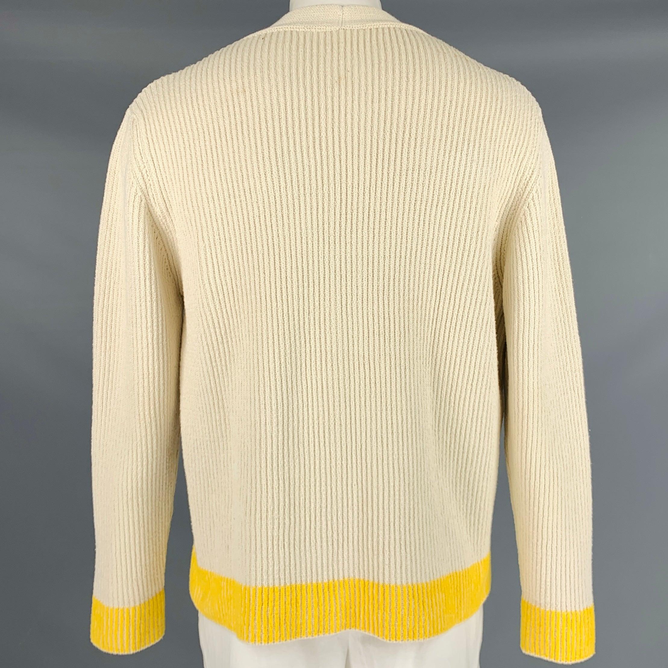 Men's JACQUEMUS Size XL Cream Yellow Ribbed Cotton Blend Oversized Cardigan For Sale