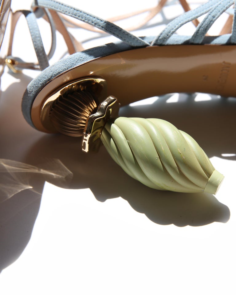 Jacquemus SS19 'Pisa' mismatched ornament high heel pale blue suede sandals  39