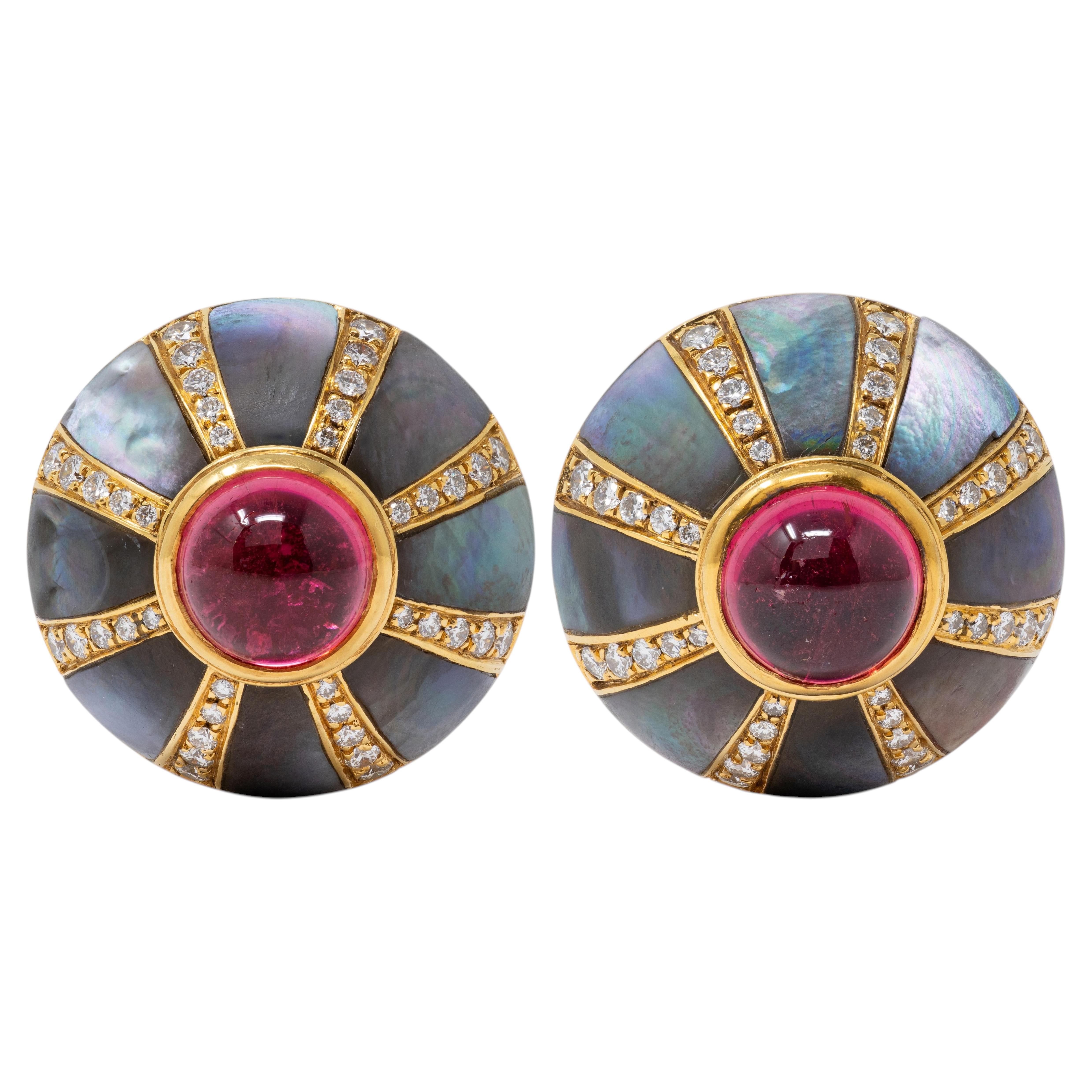 Jacques 1980's Diamond Abalone Tourmaline 18K Yellow Gold Vintage Dome Earrings