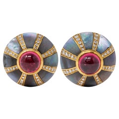 Jacques 1980's Diamond Abalone Tourmaline 18K Yellow Gold Vintage Dome Earrings