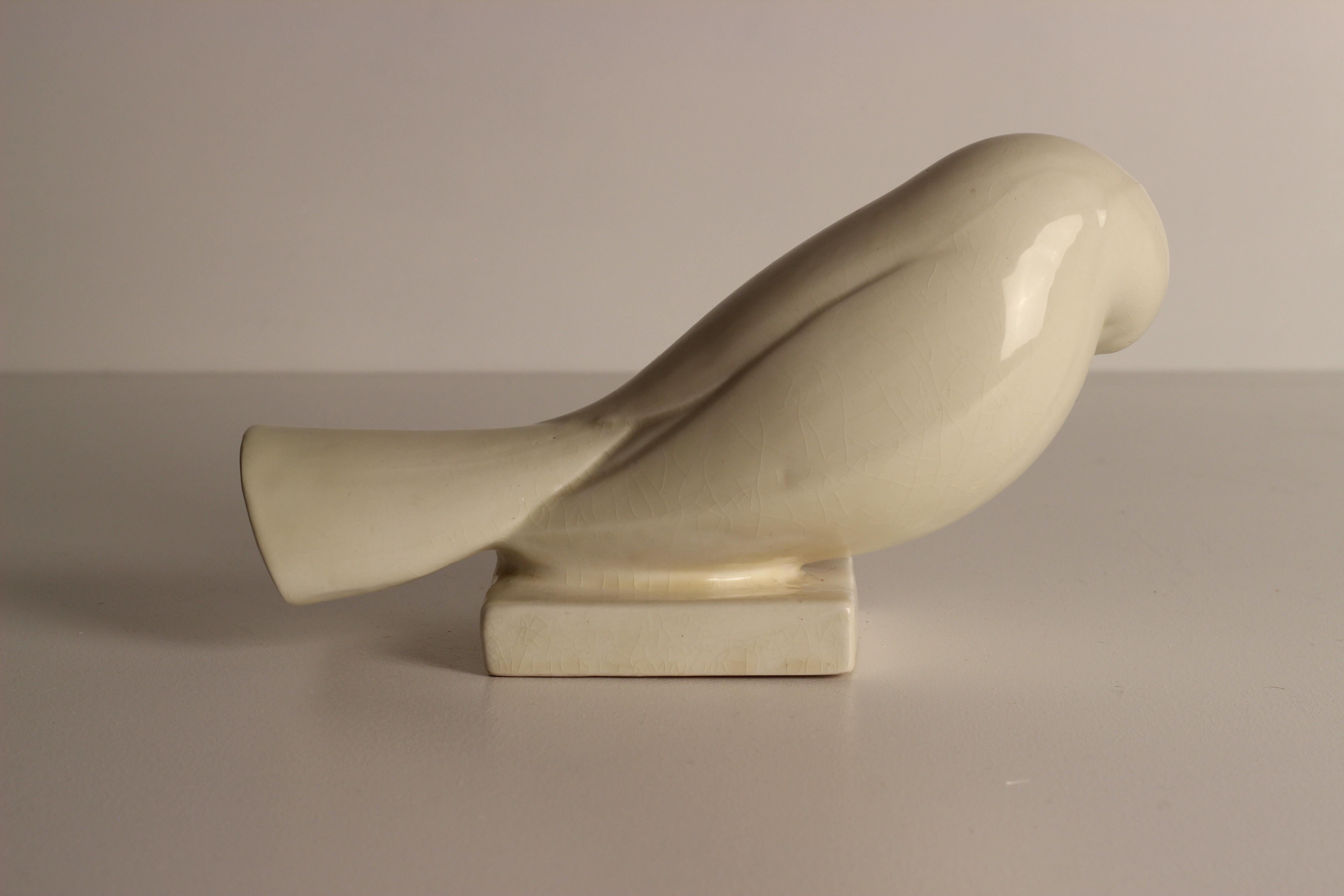 Jacques Adnet 1925 Crackled Ceramic Pair of White Peace Turtledove Sculptures 12