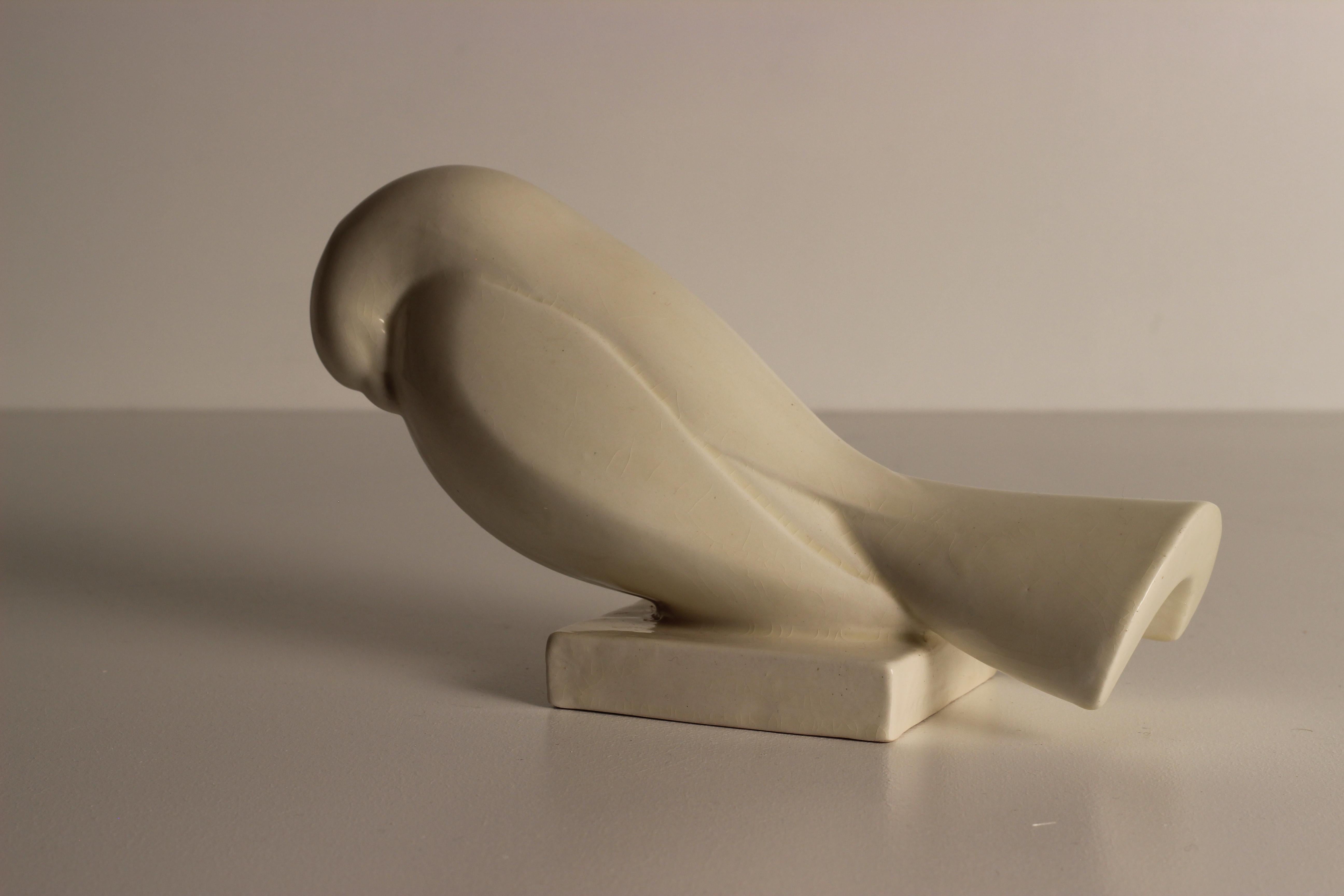 Jacques Adnet 1925 Crackled Ceramic Pair of White Peace Turtledove Sculptures 13