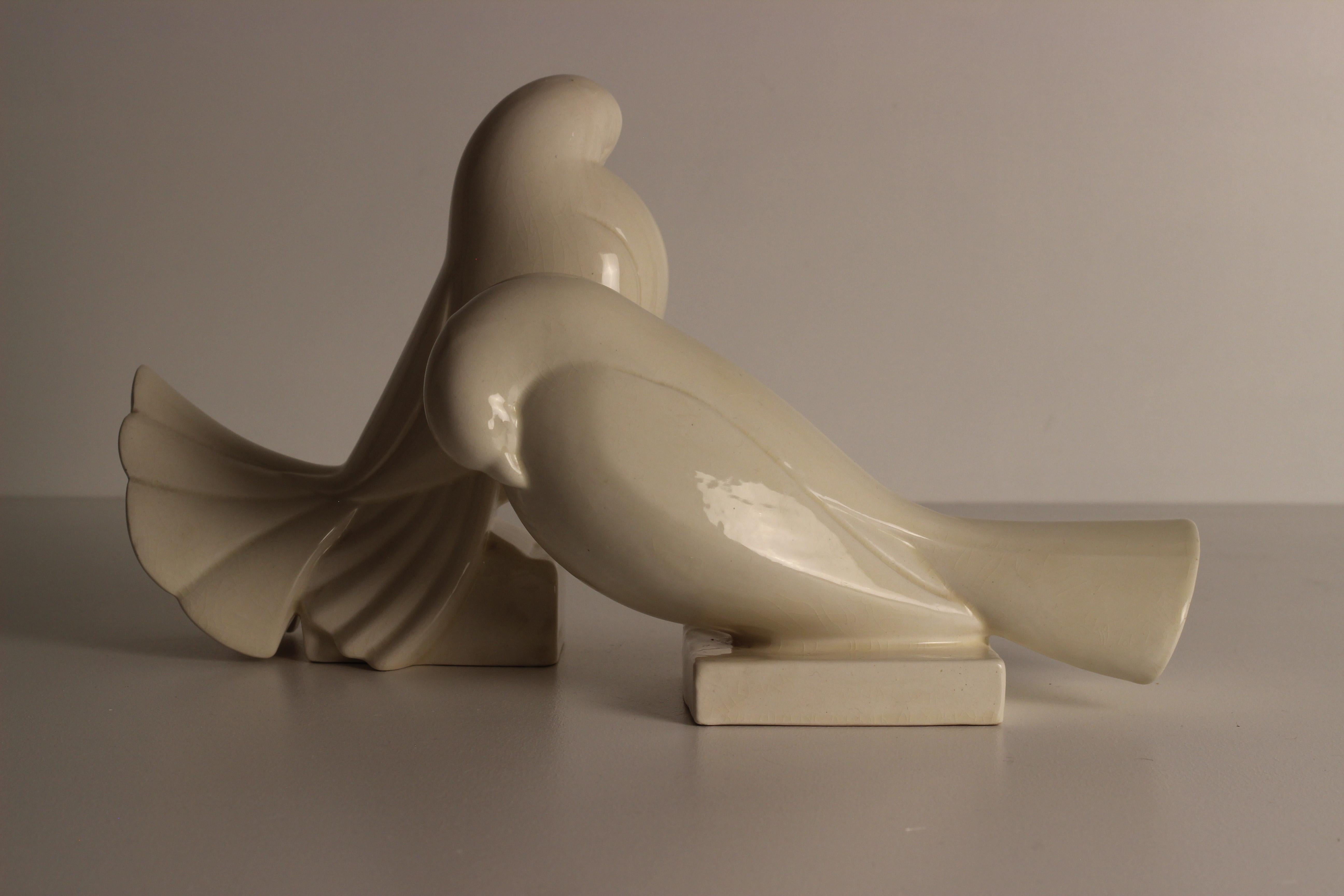 Art Deco Jacques Adnet 1925 Crackled Ceramic Pair of White Peace Turtledove Sculptures