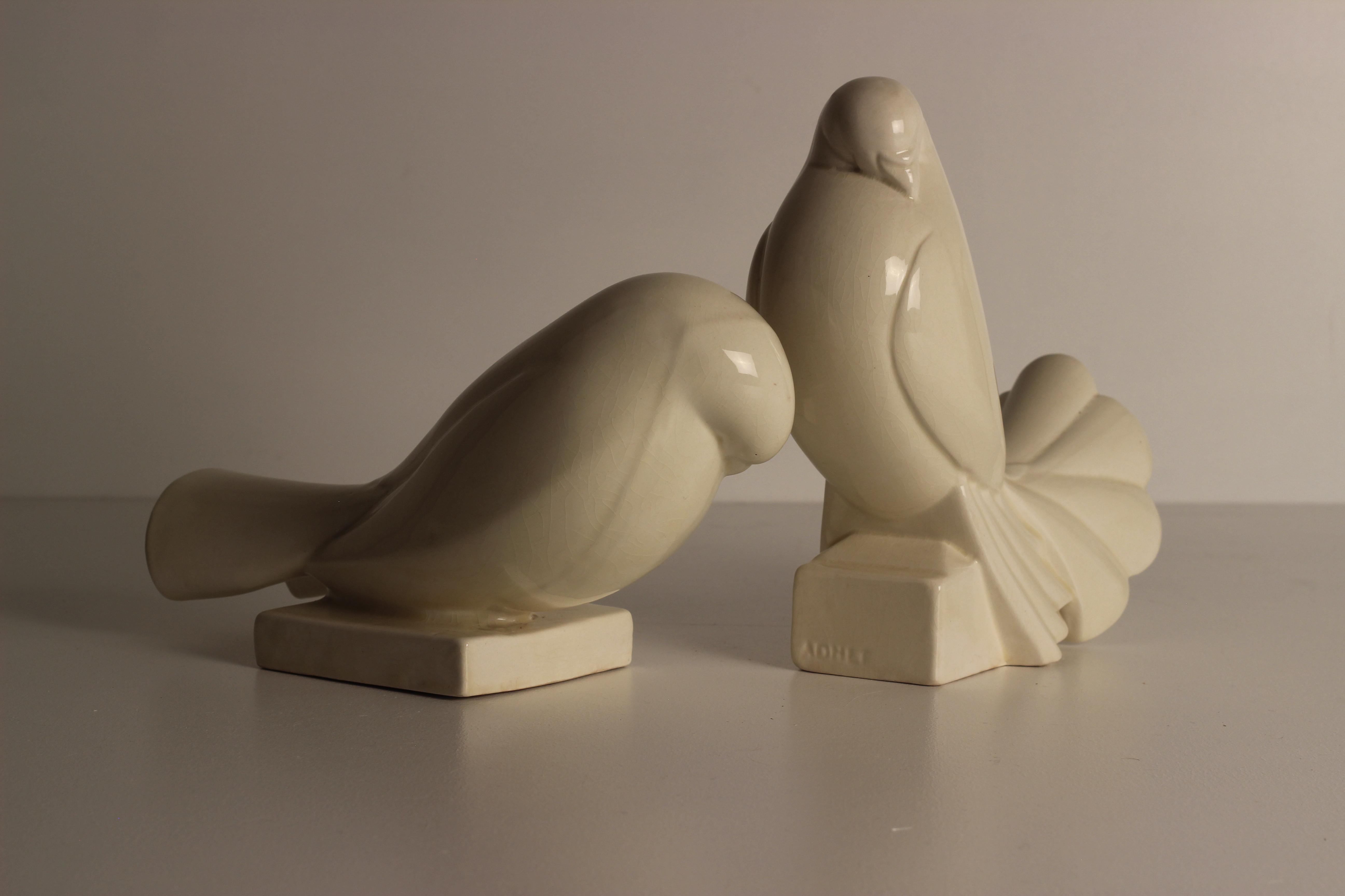 French Jacques Adnet 1925 Crackled Ceramic Pair of White Peace Turtledove Sculptures