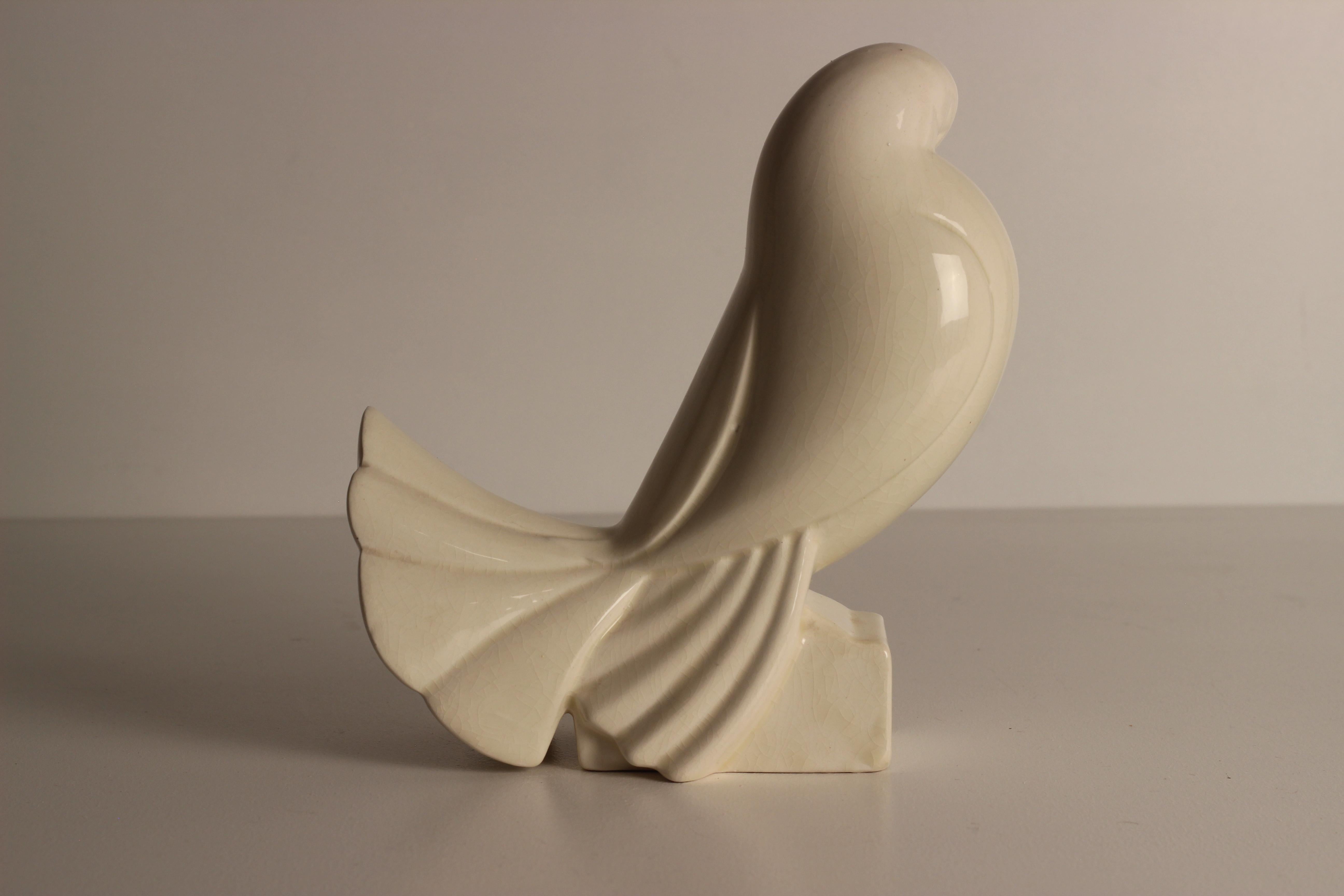 Early 20th Century Jacques Adnet 1925 Crackled Ceramic Pair of White Peace Turtledove Sculptures