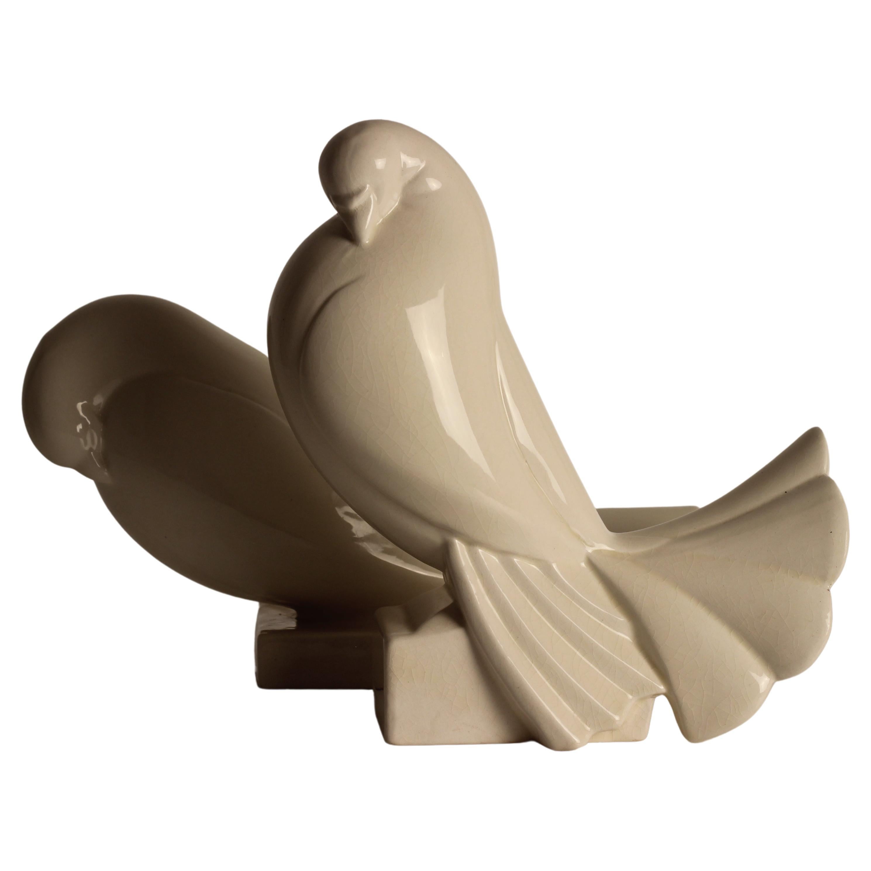 Jacques Adnet 1925 Crackled Ceramic Pair of White Peace Turtledove Sculptures