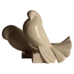 Jacques Adnet 1925 Crackled Ceramic Pair of White Peace Turtledove Sculptures