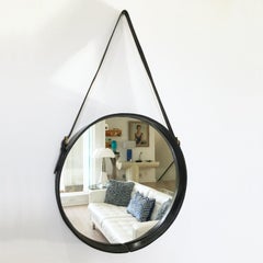 Jacques Adnet 1950s Hand-Stitched Black Leather Wall Mirror