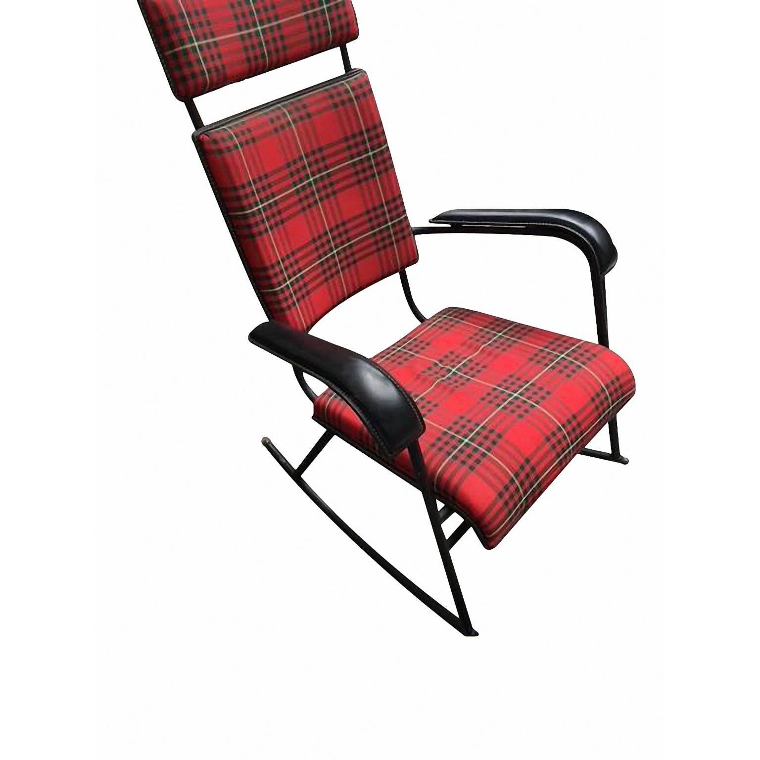 French Jacques Adnet 1950s Rare Tartan Rocking Chair For Sale