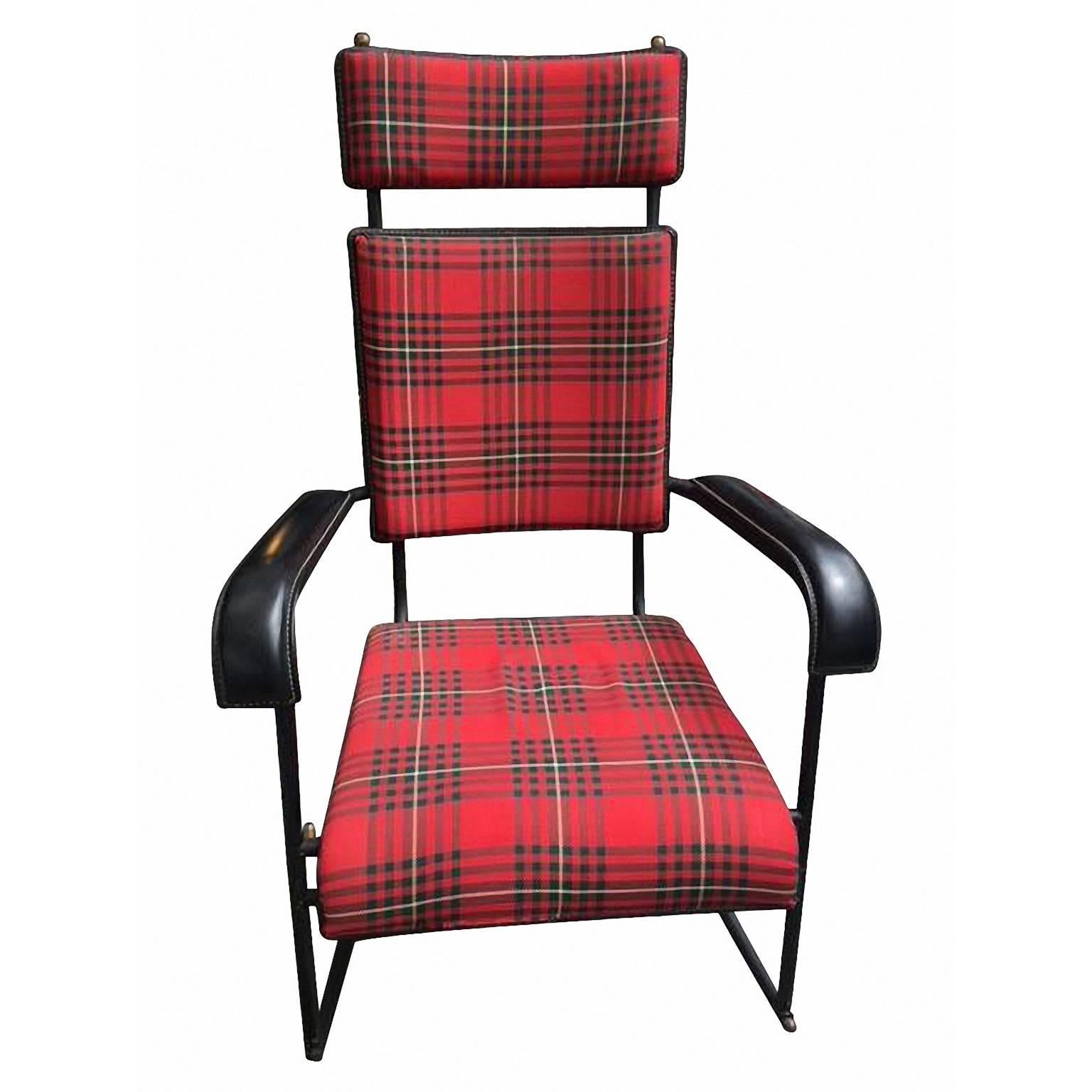 Jacques Adnet 1950s Rare Tartan Rocking Chair In Good Condition For Sale In Saint-Ouen, FR