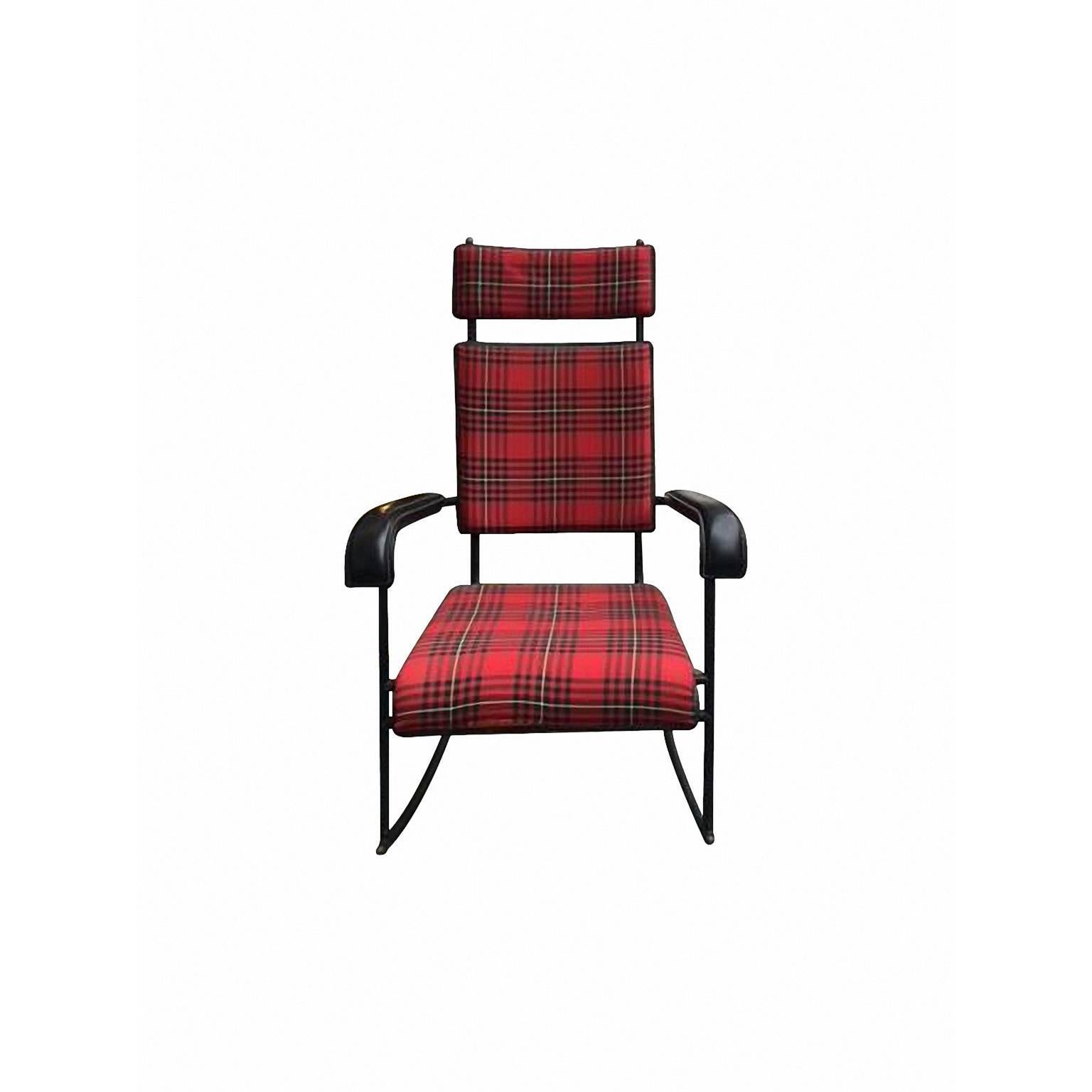 Metal Jacques Adnet 1950s Rare Tartan Rocking Chair For Sale