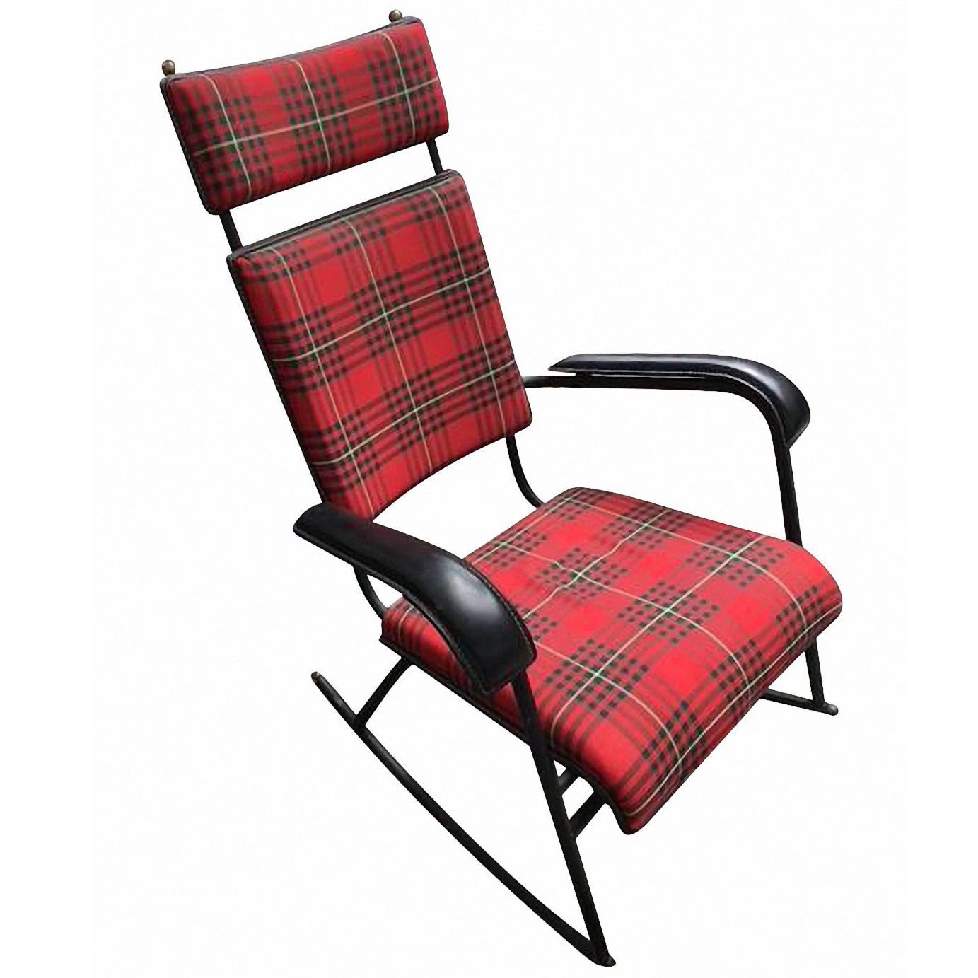 Jacques Adnet 1950s Rare Tartan Rocking Chair For Sale