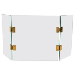 Jacques Adnet 3 Panel Tempered Glass Fire Screen & Brass Hardware France 1970