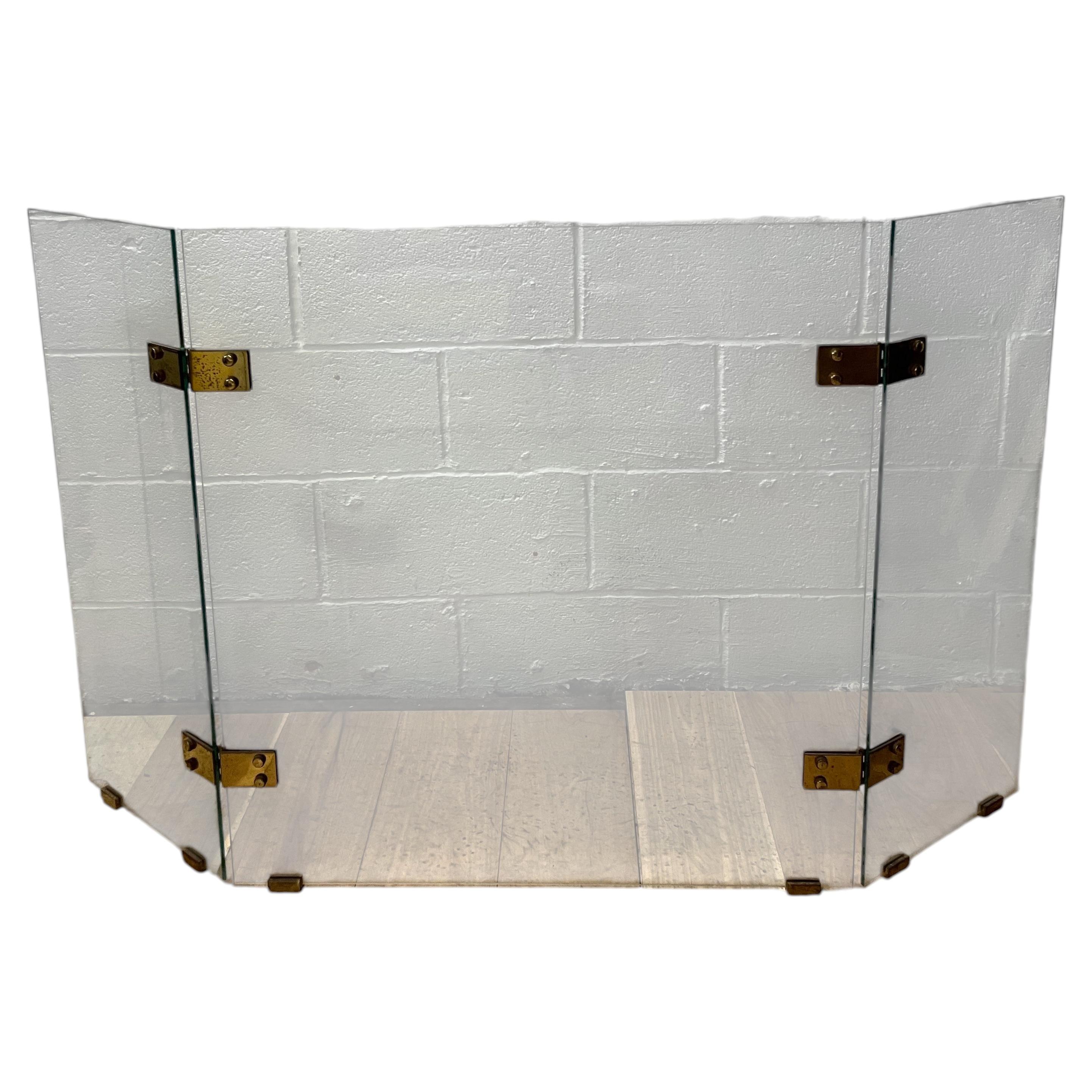 Jacques Adnet 3 Panel Glass Fire Screen & Brass or Bronze Hardware France 1970