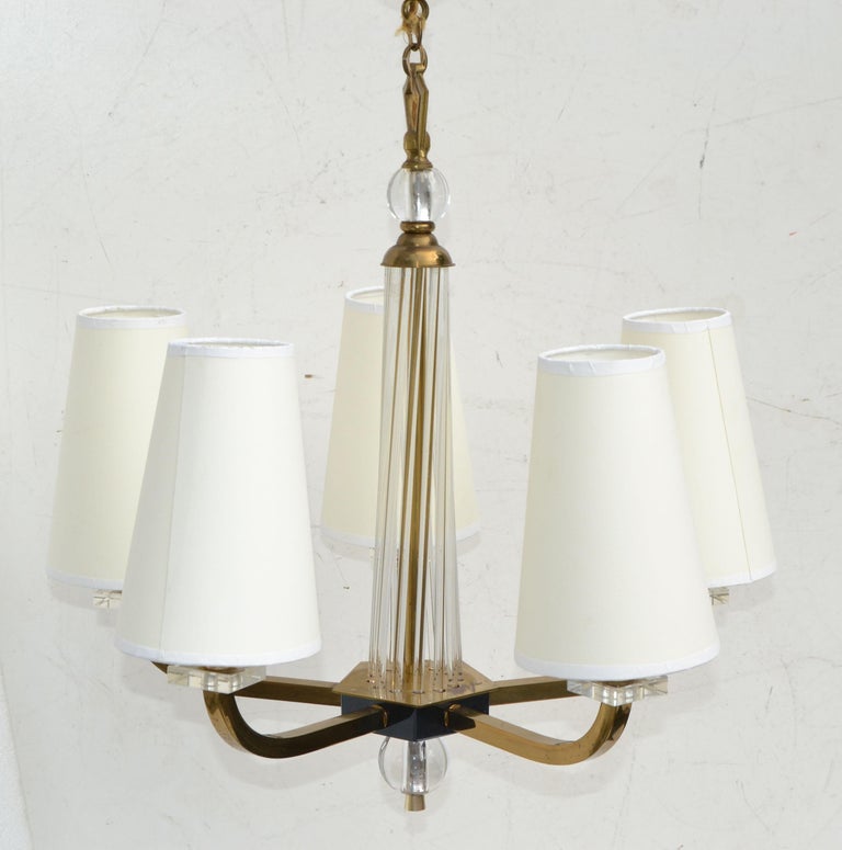 French Jacques Adnet 5 Light Chandelier 2 Patina Brass, Gun Metal & Glass Rods France For Sale