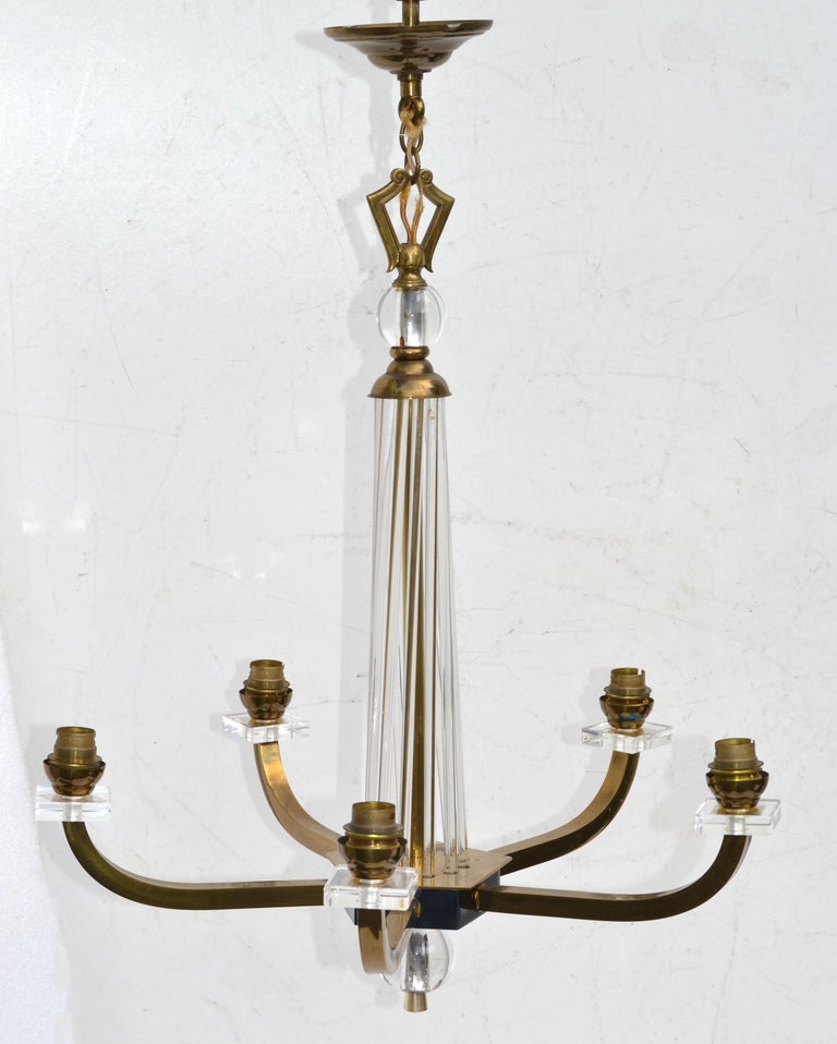 Jacques Adnet 5 Light Chandelier 2 Patina Brass, Gun Metal & Glass Rods France In Good Condition For Sale In Miami, FL