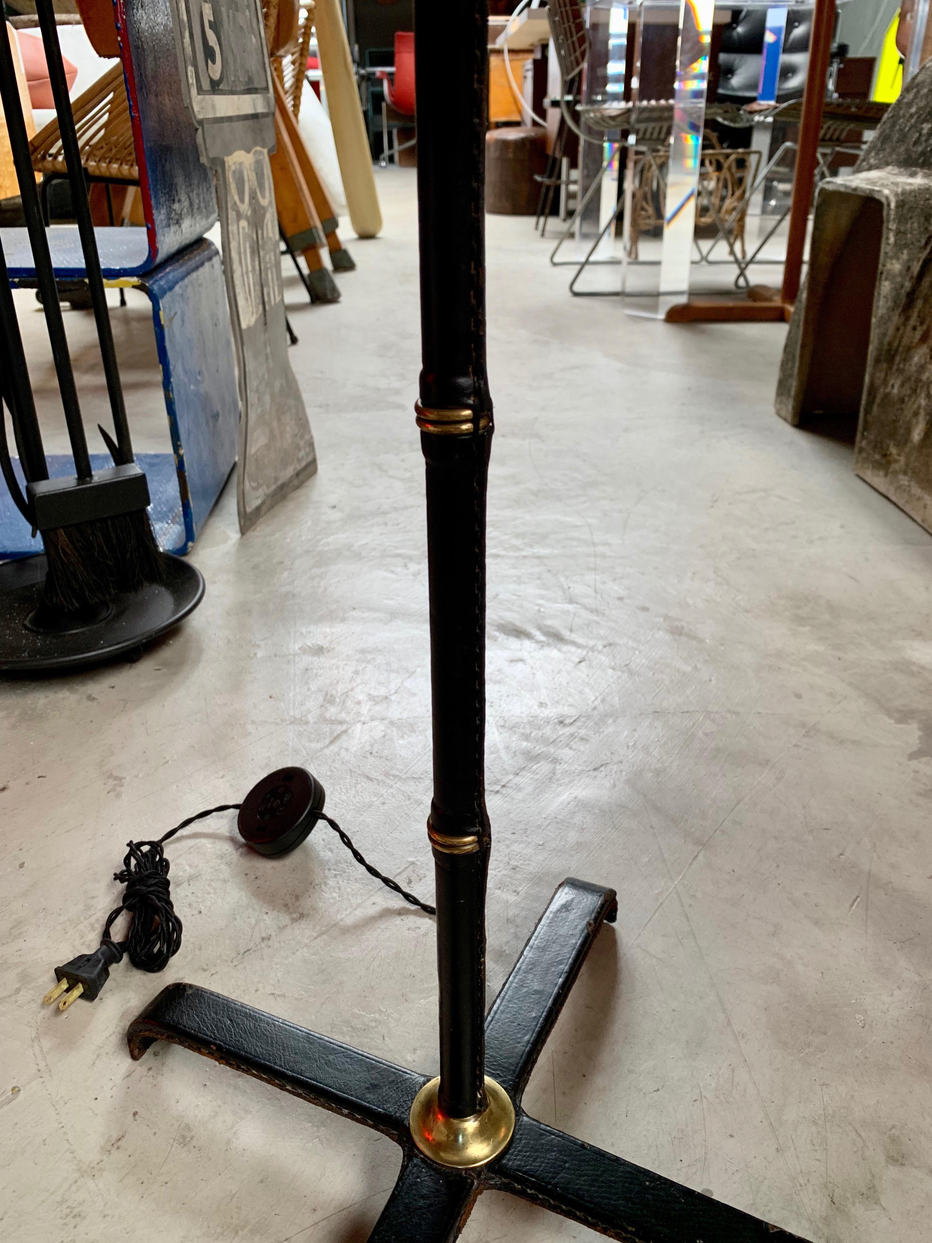 Mid-20th Century Jacques Adnet Adjustable Black Leather Floor Lamp