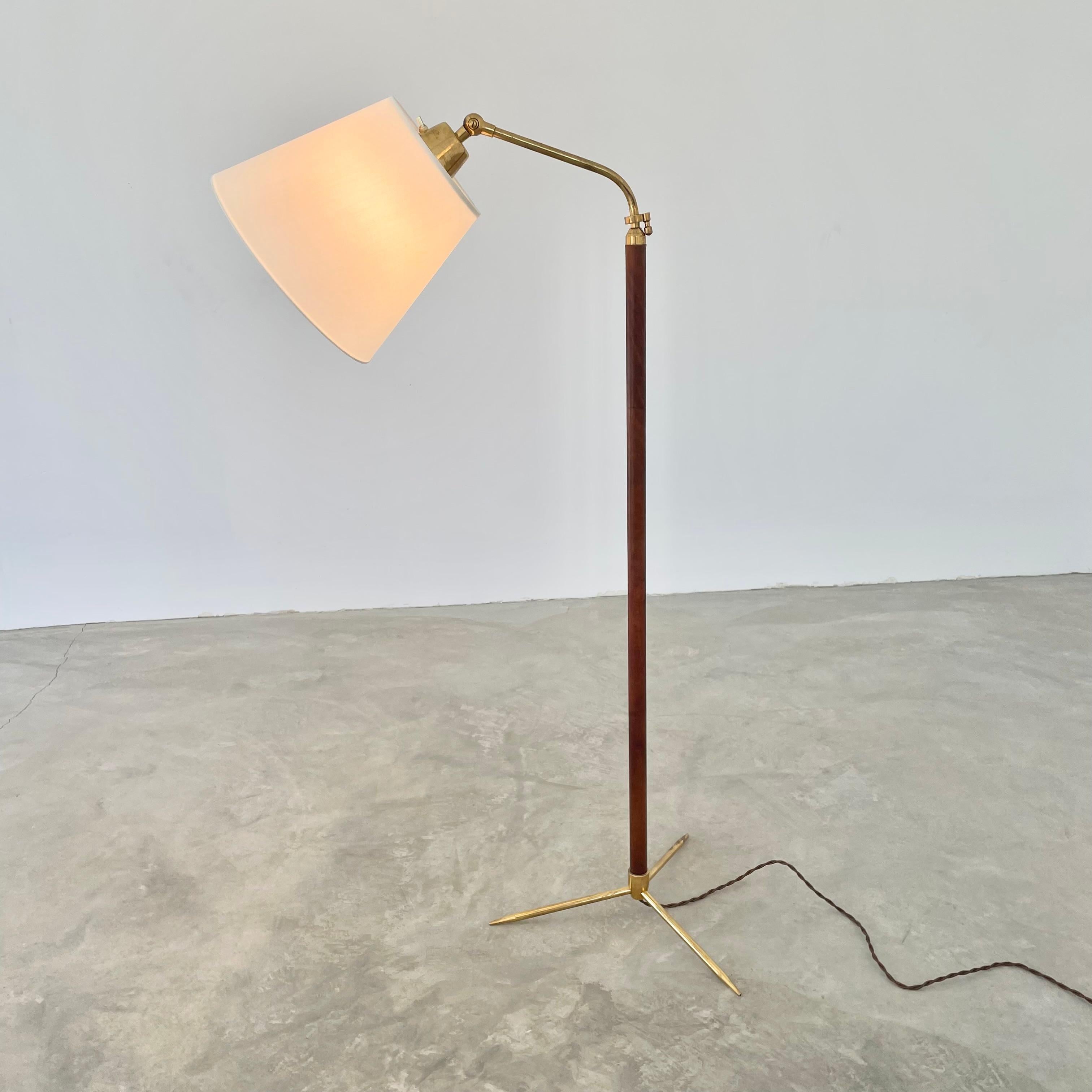 French Jacques Adnet Adjustable Floor Lamp in Saddle Leather