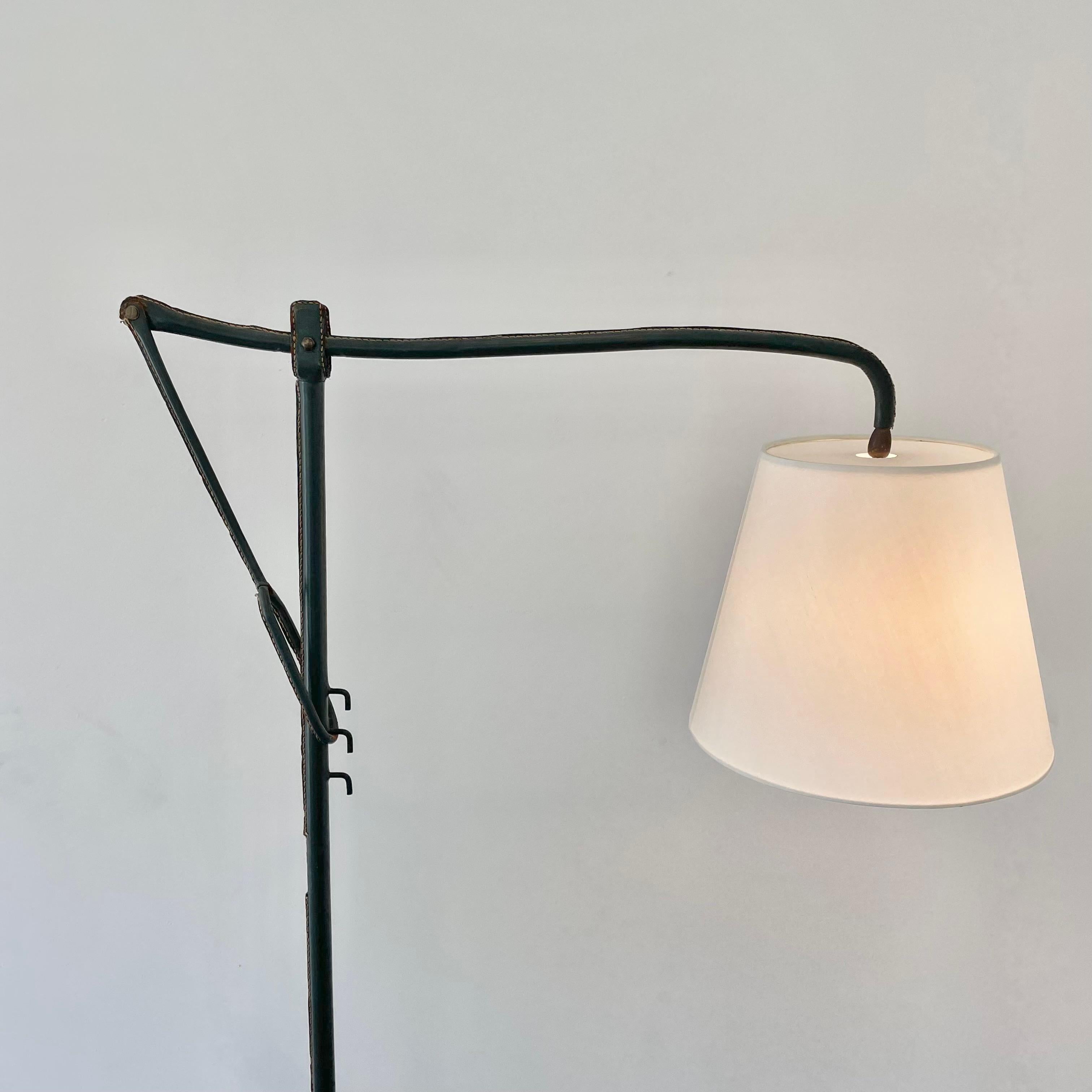 Mid-Century Modern Jacques Adnet Adjustable Green Leather Floor Lamp, 1950s France For Sale