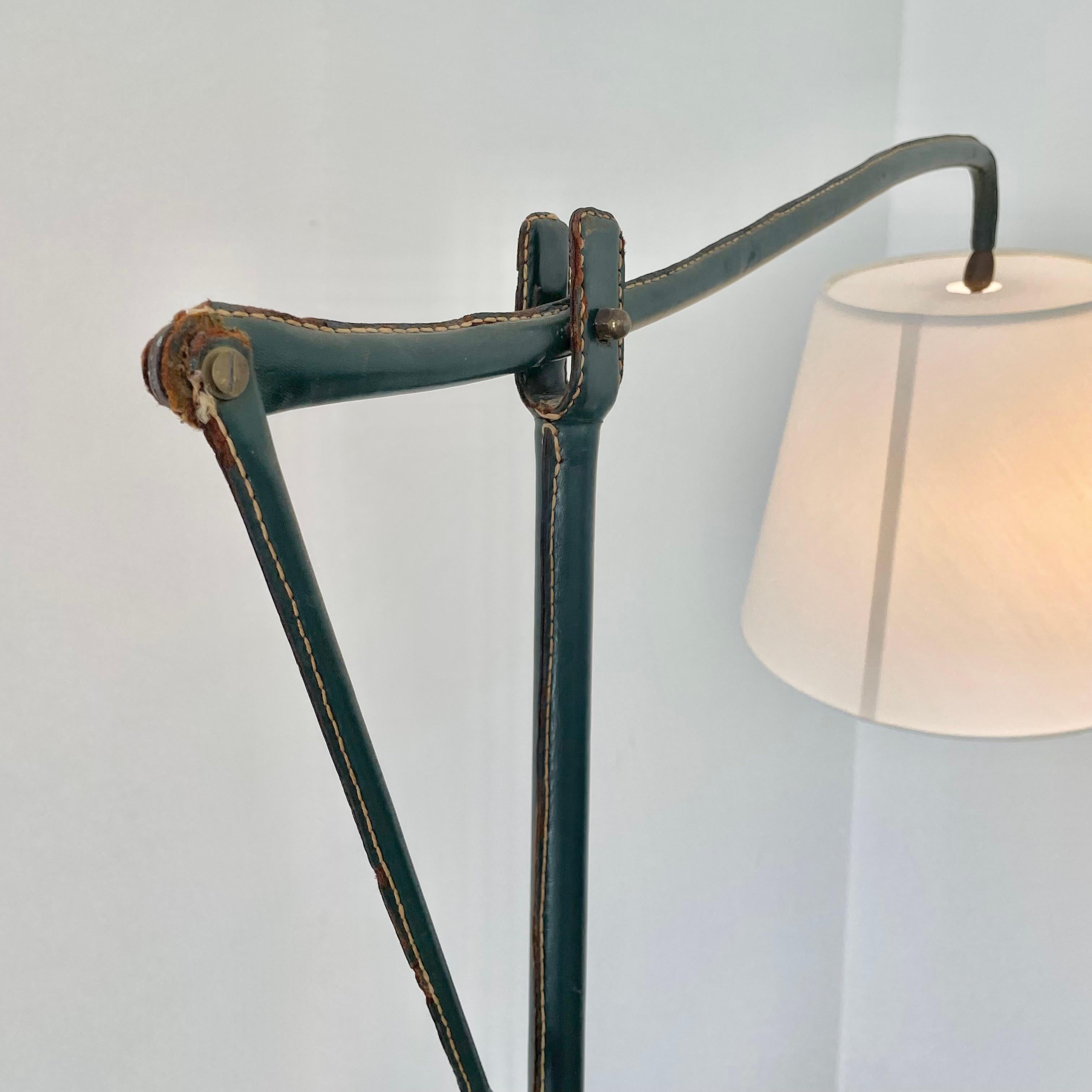 French Jacques Adnet Adjustable Green Leather Floor Lamp, 1950s France For Sale