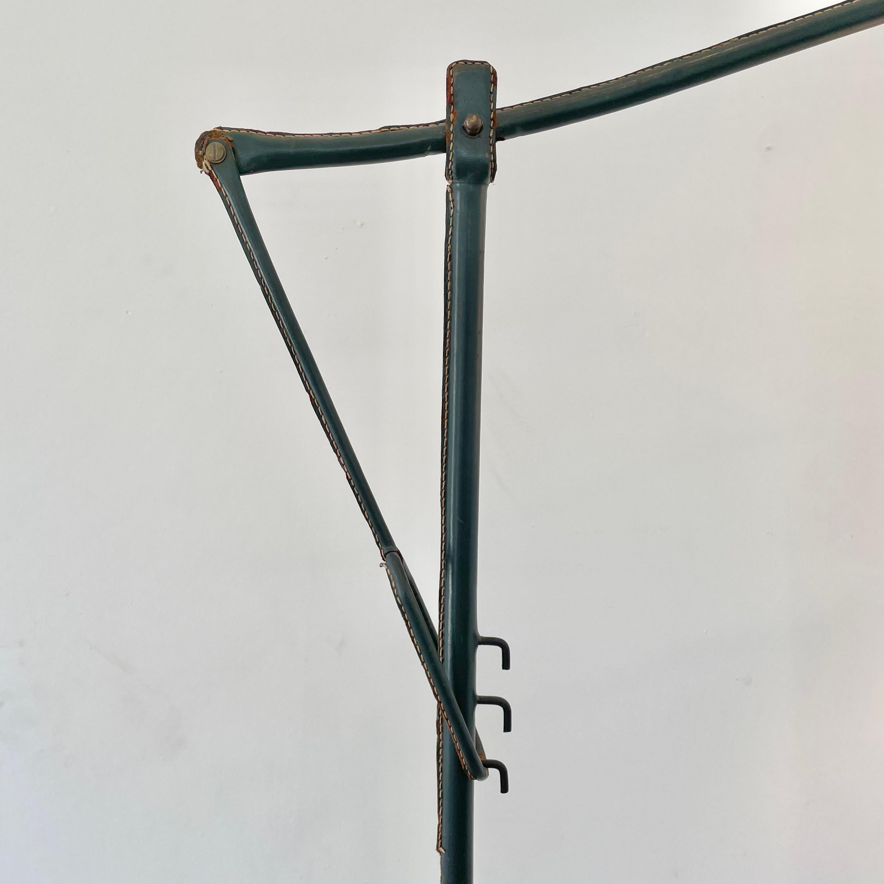 Jacques Adnet Adjustable Green Leather Floor Lamp, 1950s France In Good Condition For Sale In Los Angeles, CA