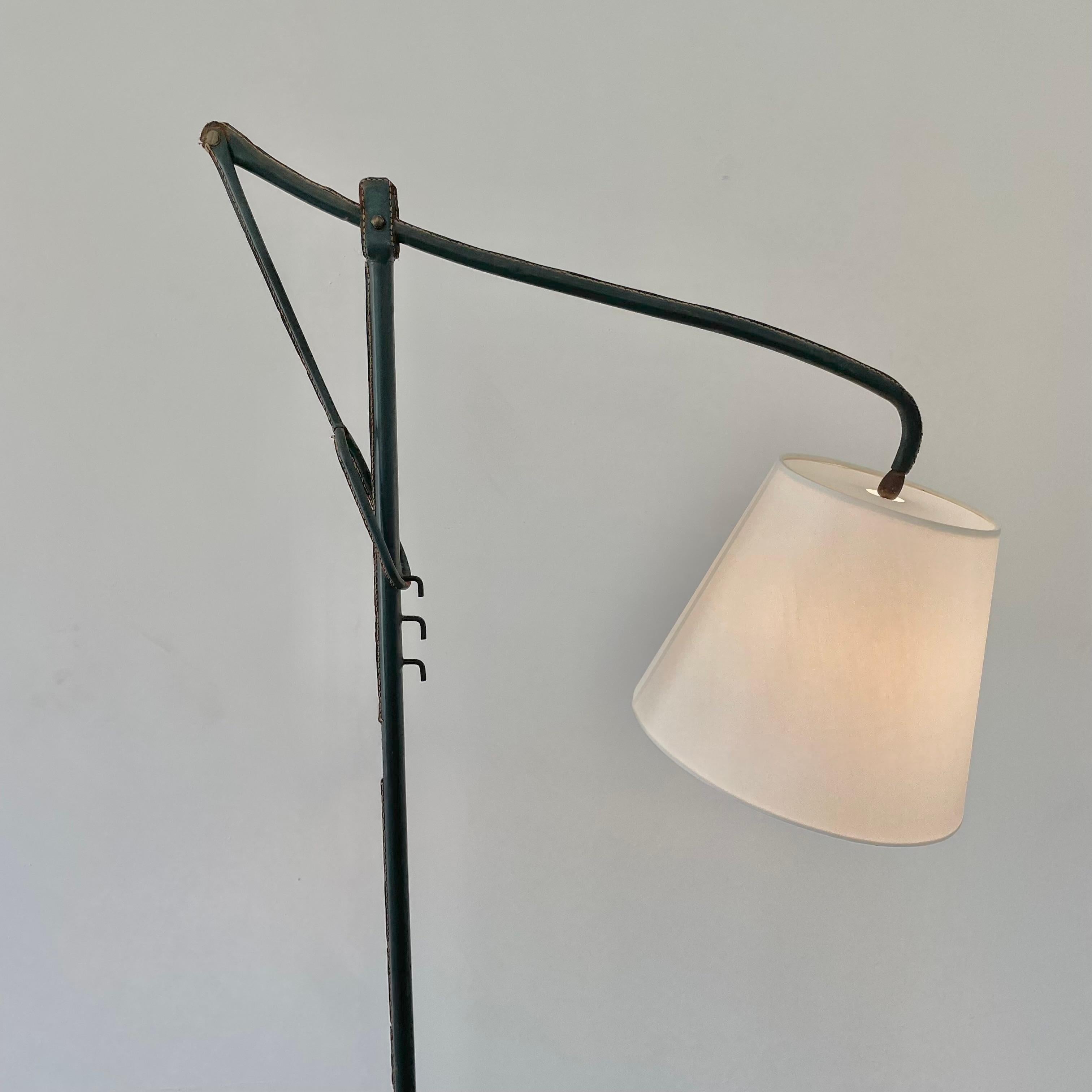 Jacques Adnet Adjustable Green Leather Floor Lamp, 1950s France For Sale 3