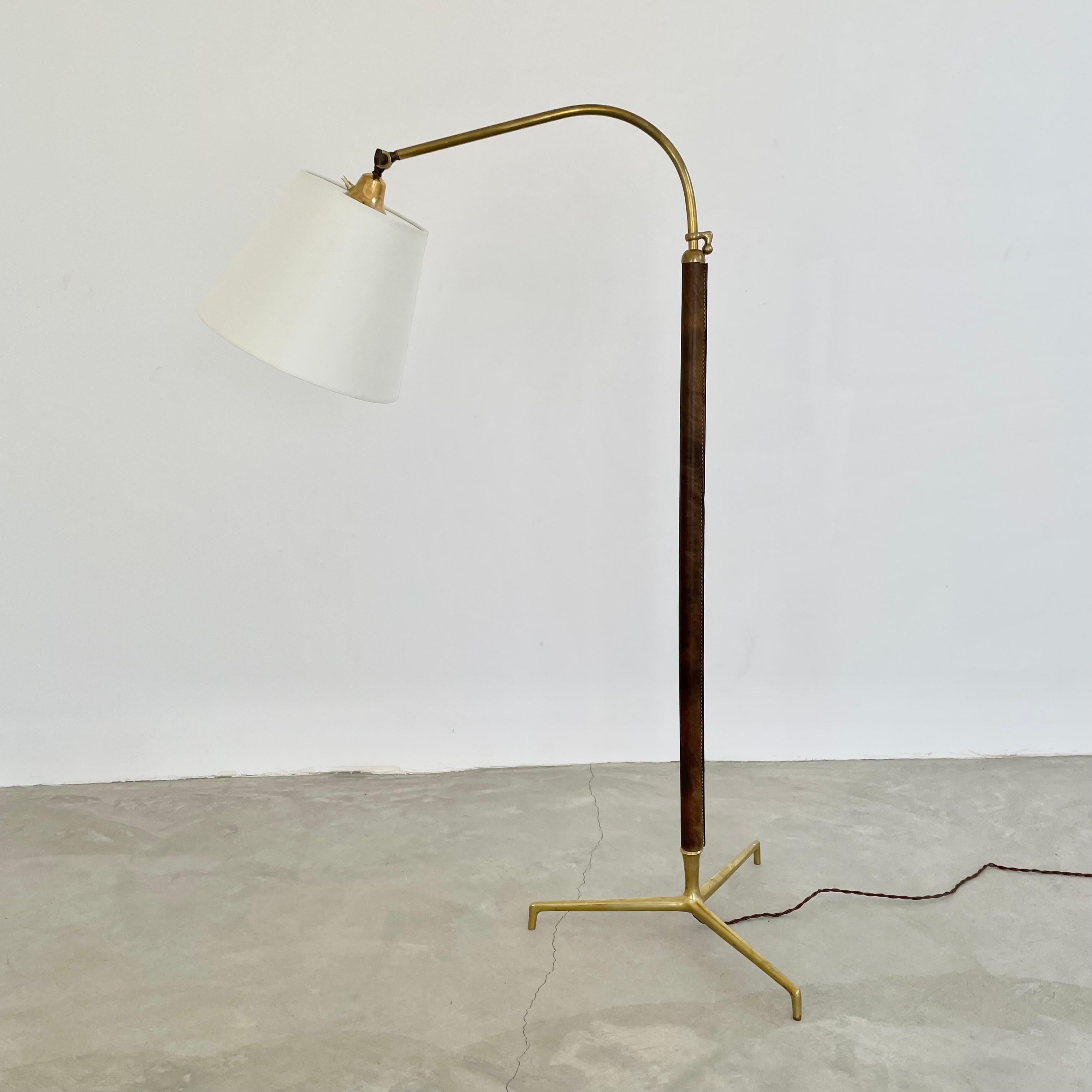Brass Jacques Adnet Adjustable Leather Floor Lamp