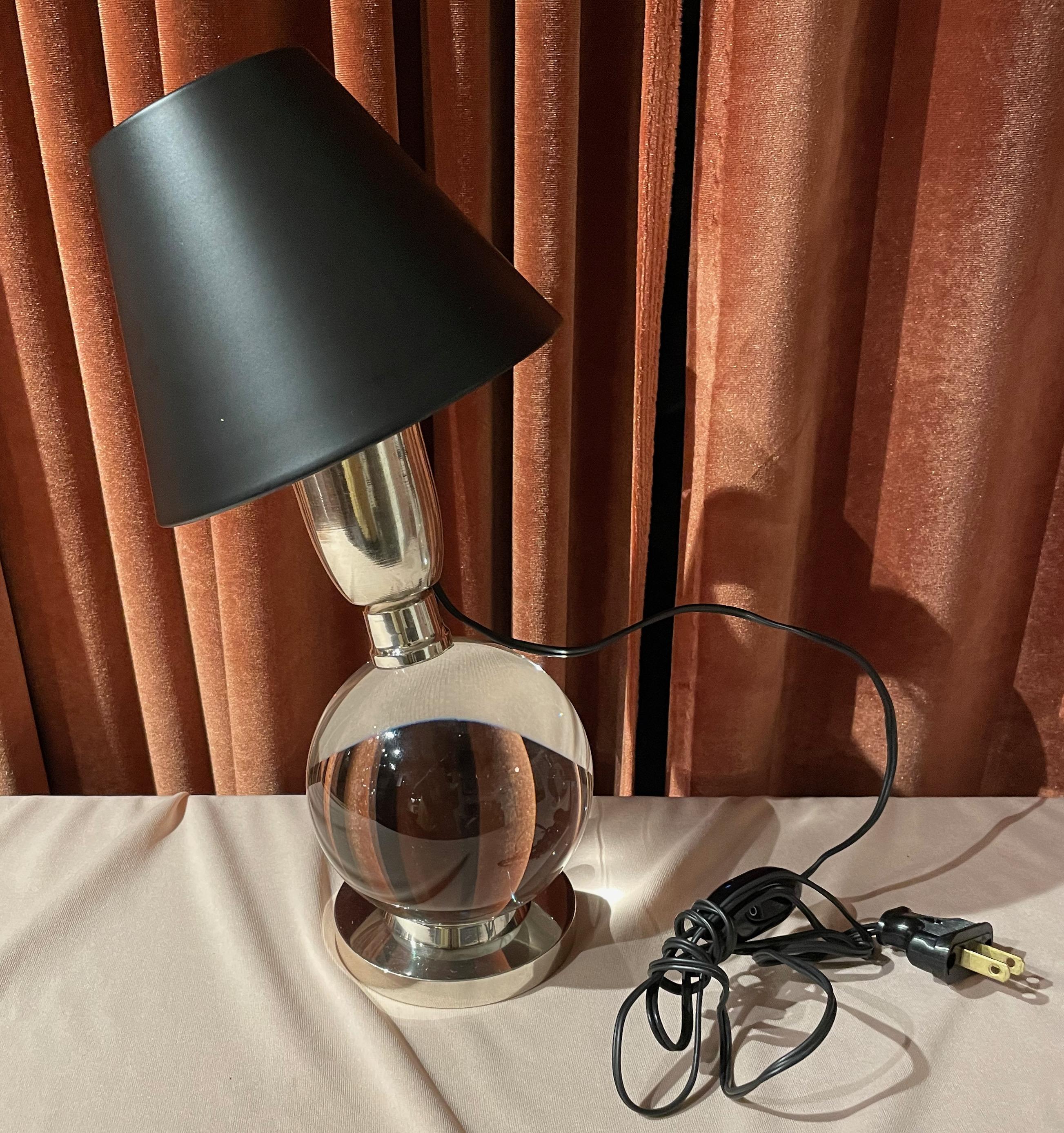 French Jacques Adnet and Baccarat Crystal Ball Pair of Art Deco Table Lamps