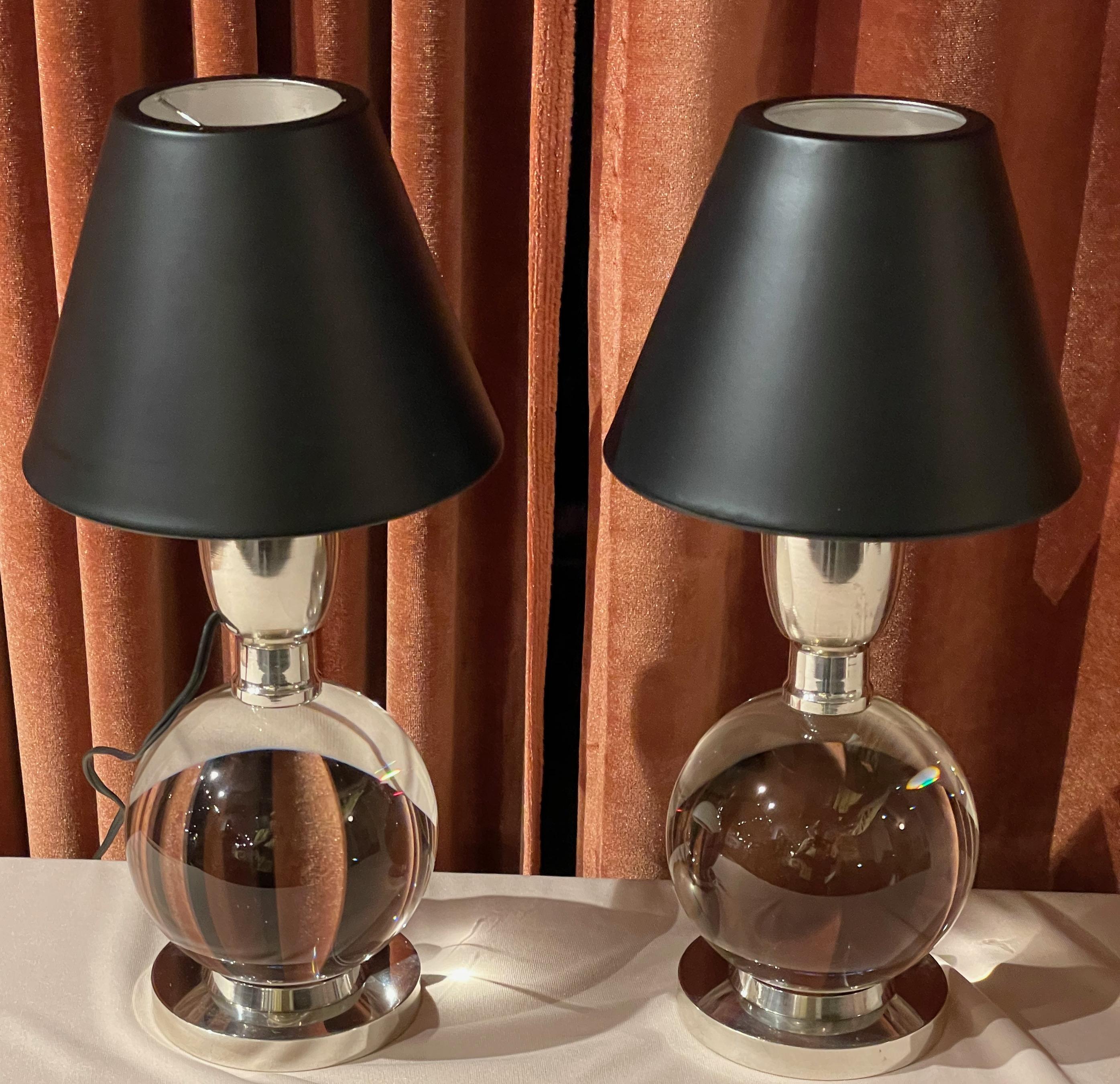 Mid-20th Century Jacques Adnet and Baccarat Crystal Ball Pair of Art Deco Table Lamps