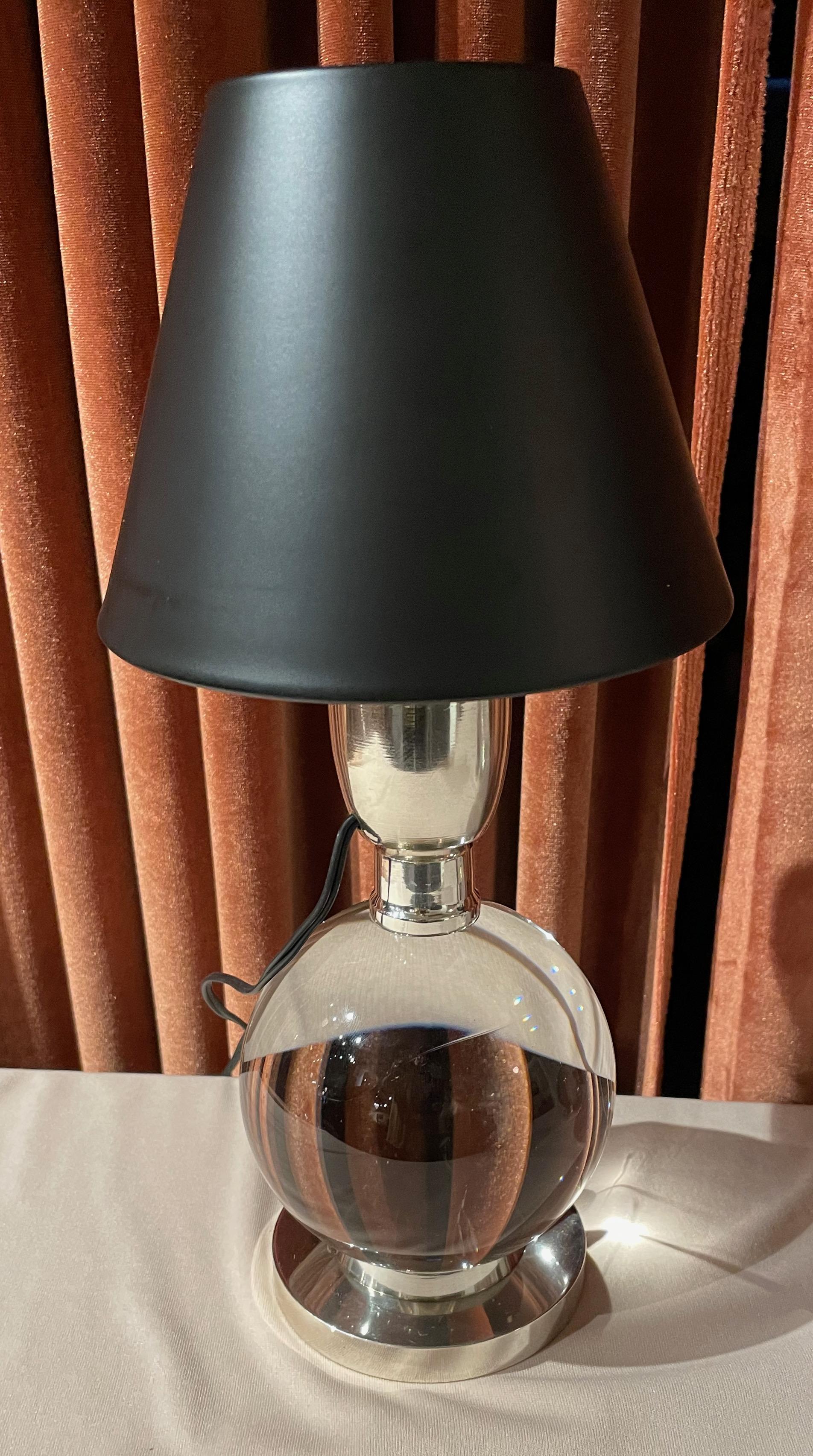 Metal Jacques Adnet and Baccarat Crystal Ball Pair of Art Deco Table Lamps