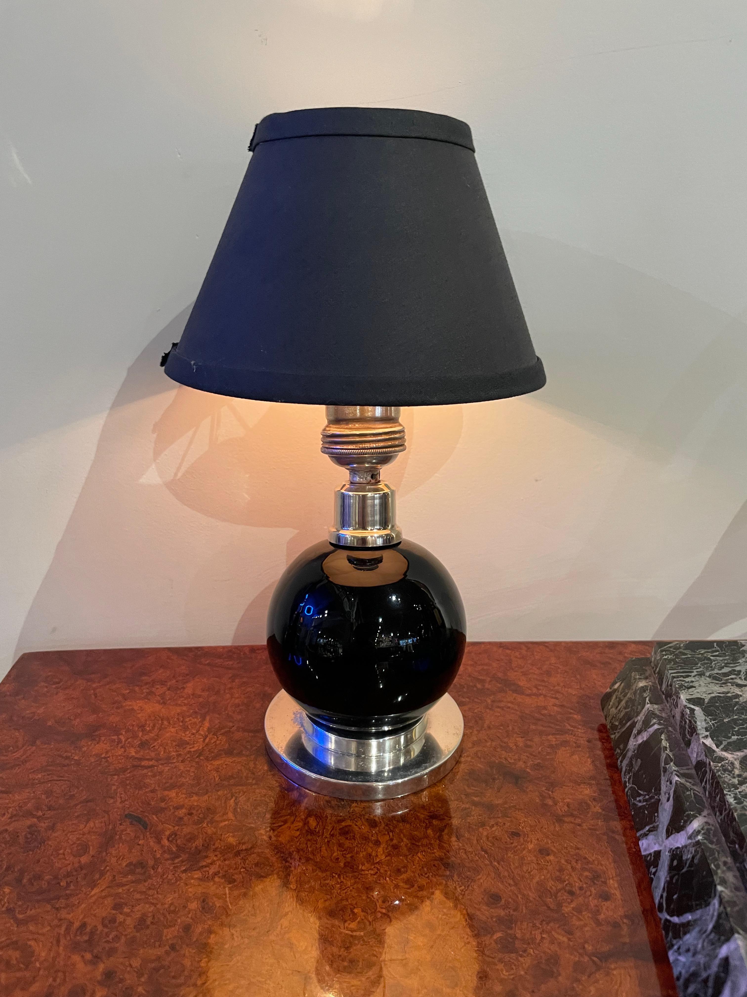 Mid-20th Century Jacques Adnet and Black Baccarat Crystal Ball Art Deco Table Lamp For Sale