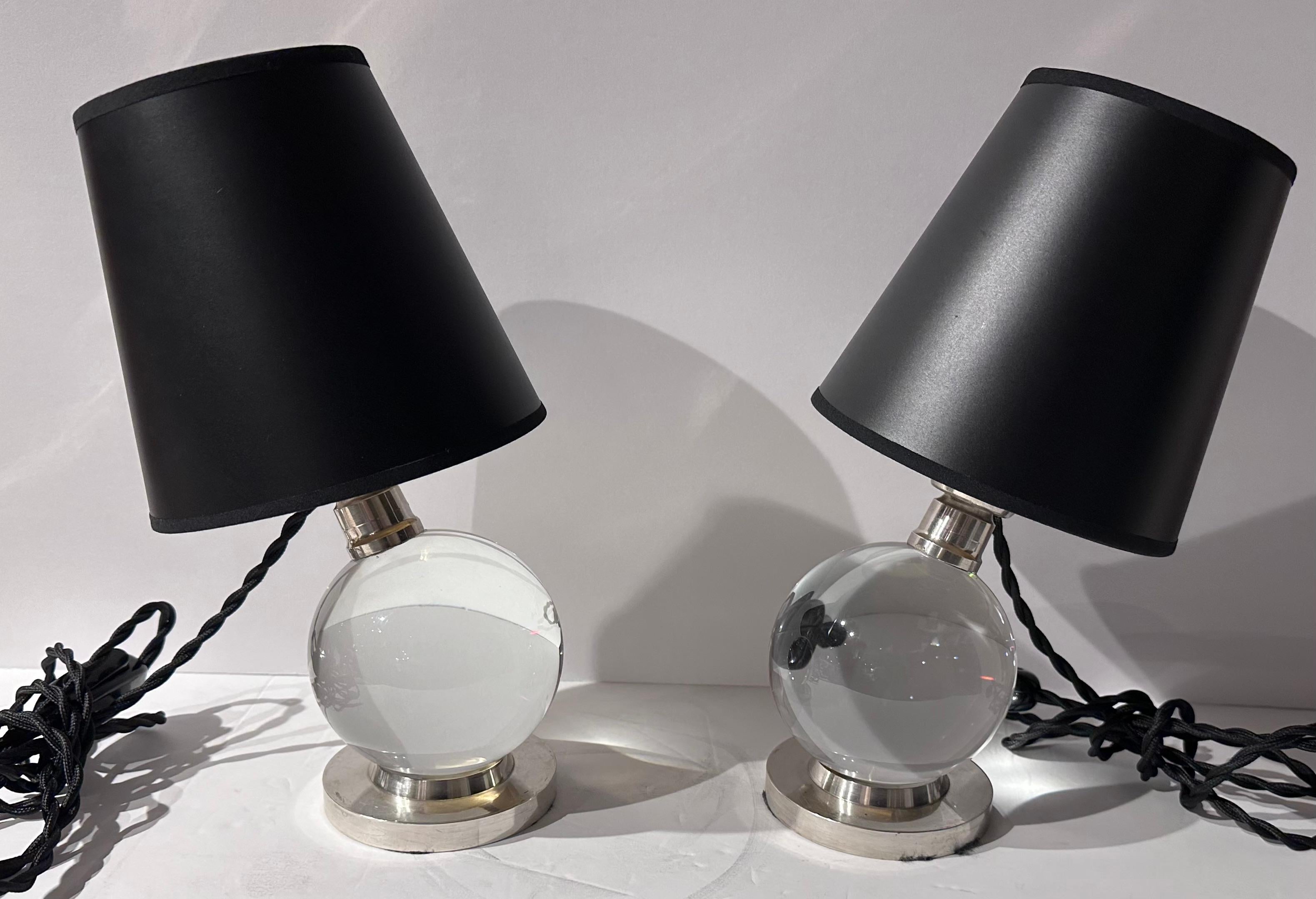 Jacques Adnet and Clear Baccarat Crystal Ball Metal Base Art Deco Table Lamps 5