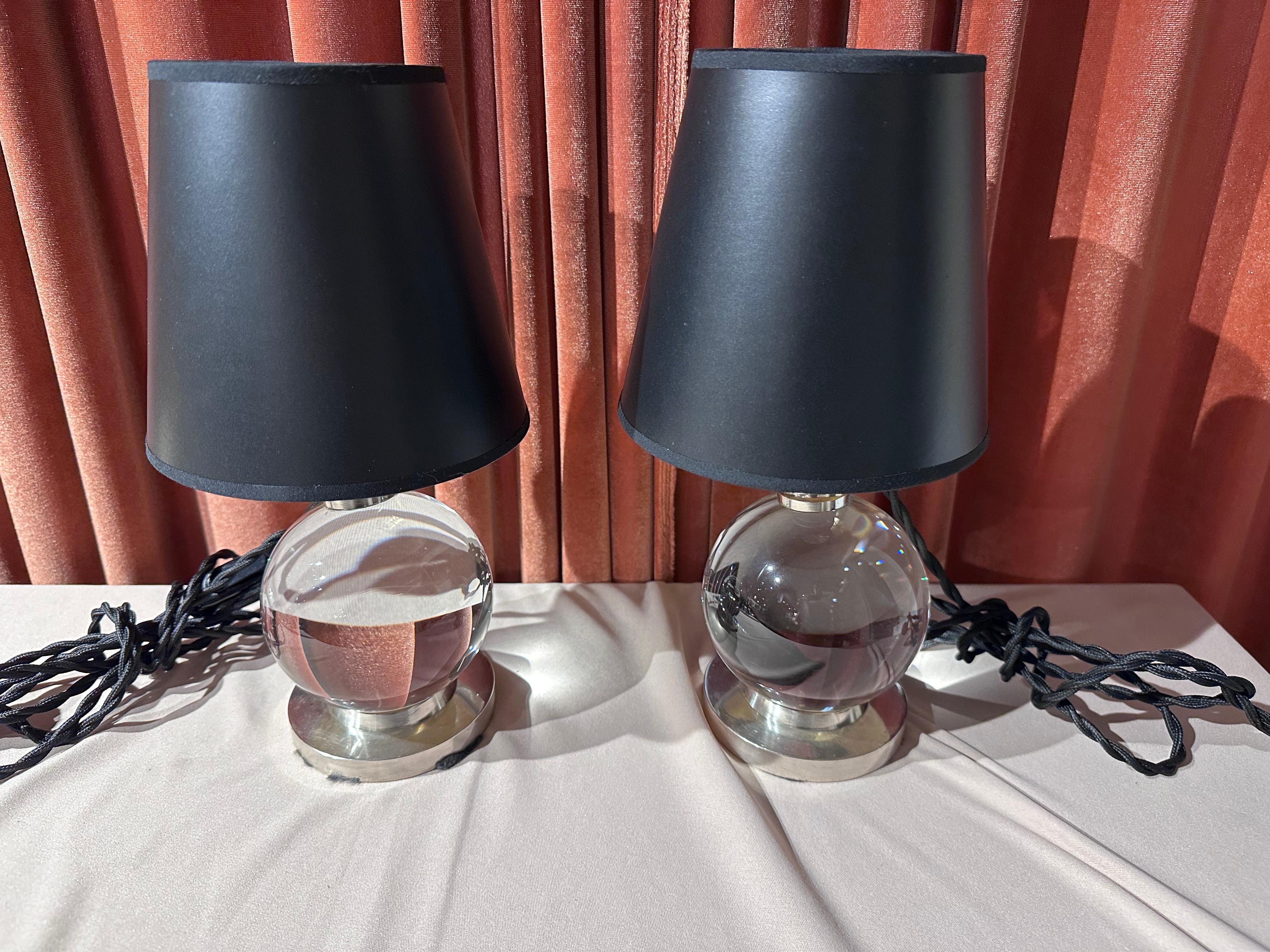 Jacques Adnet and Clear Baccarat Crystal Ball Metal Base Art Deco Table Lamps 12