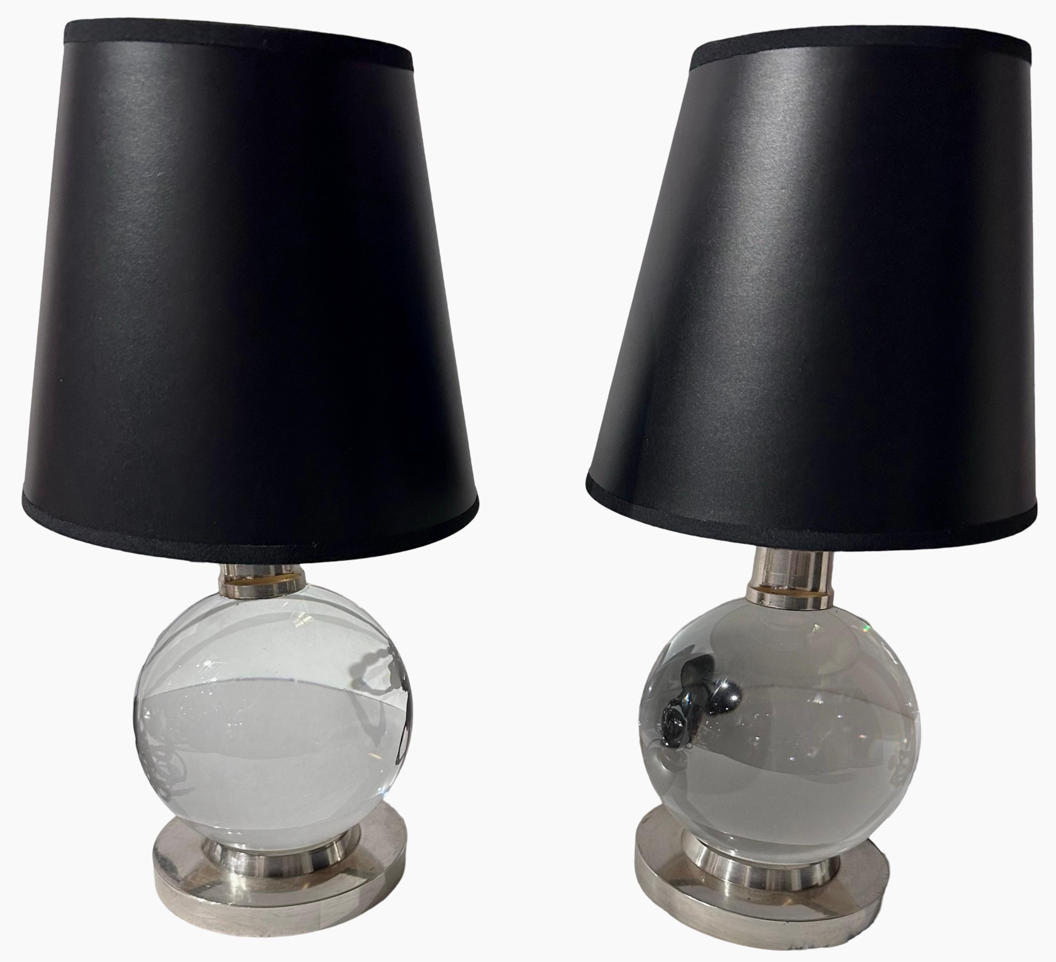 Jacques Adnet and Clear Baccarat Crystal Ball Metal Base Art Deco Table Lamps In Good Condition In Oakland, CA