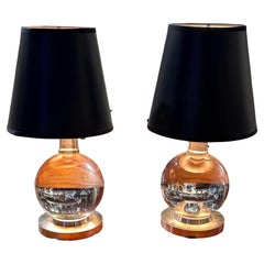 Vintage Jacques Adnet and Clear Baccarat Crystal Ball Metal Base Art Deco Table Lamps