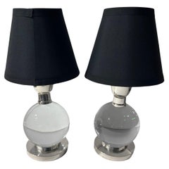Jacques Adnet and Clear Baccarat Crystal Ball Metal Base Art Deco Table Lamps