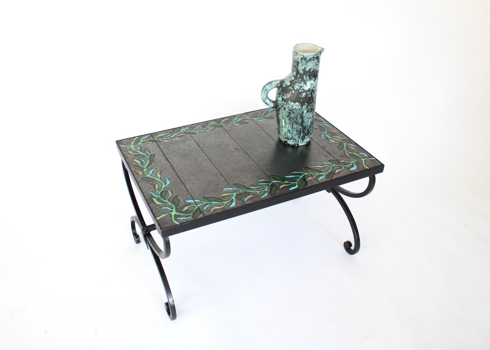 Mid-20th Century Jacques Adnet and Guidette Carbonell Ceramic and Iron Coffee or Side Table  For Sale