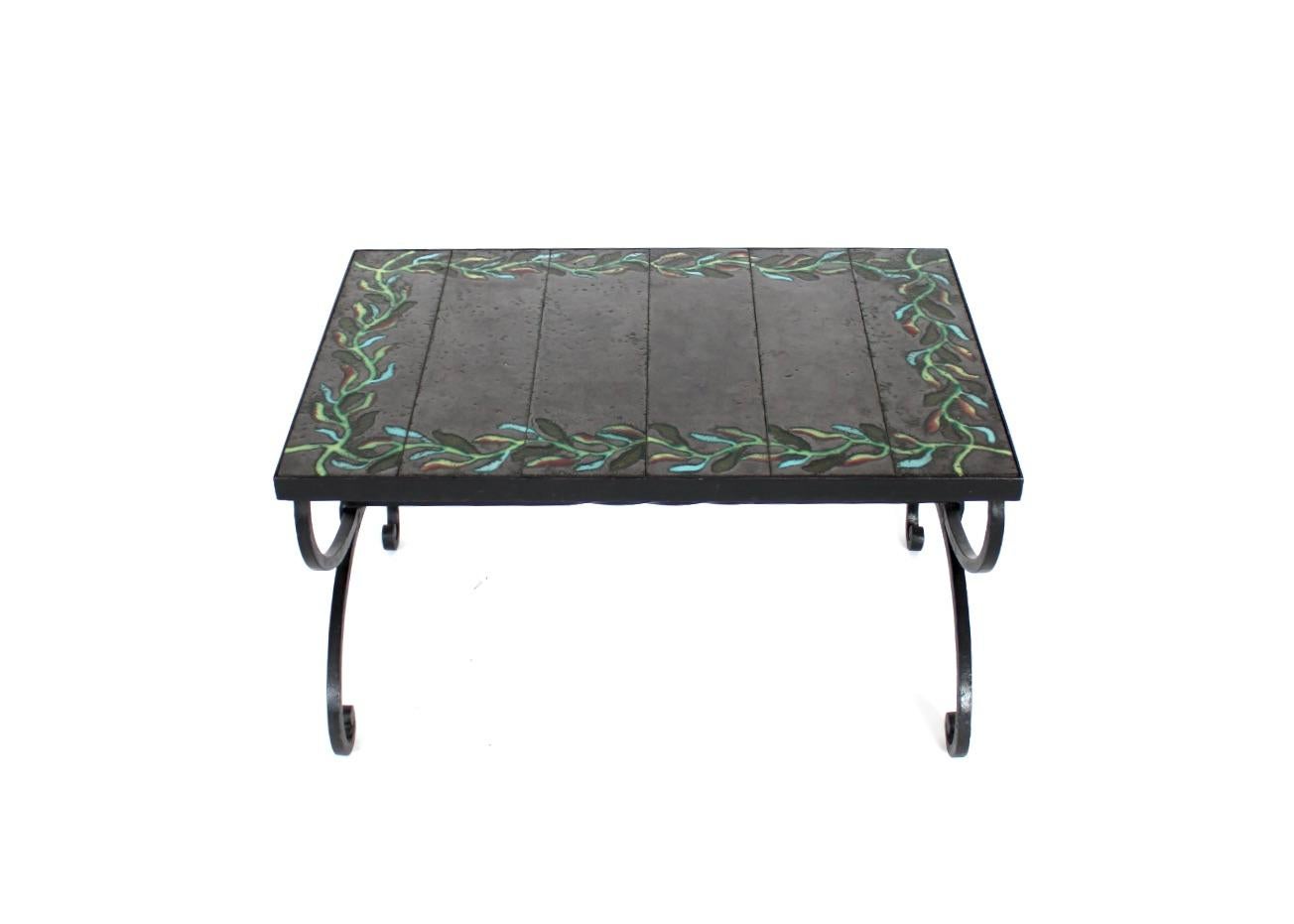 Wrought Iron Jacques Adnet and Guidette Carbonell Ceramic and Iron Coffee or Side Table  For Sale