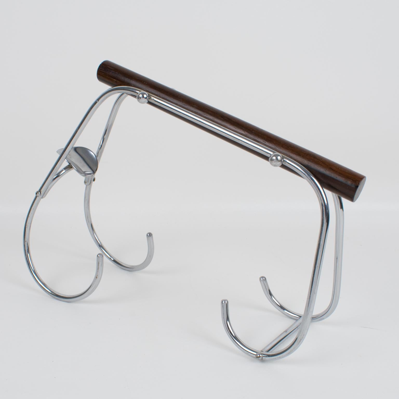 French Jacques Adnet Art Deco Chrome and Wood Bottle Holder Wine Pourer Server For Sale
