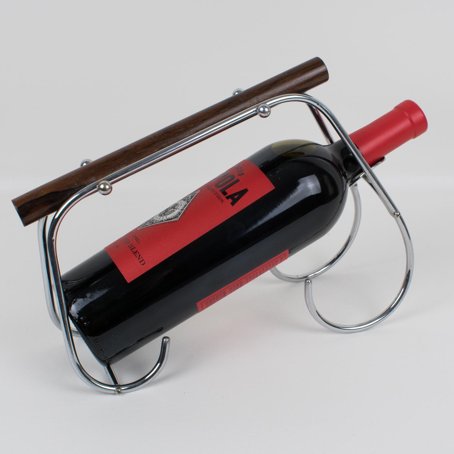 Mid-20th Century Jacques Adnet Art Deco Chrome and Wood Bottle Holder Wine Pourer Server For Sale