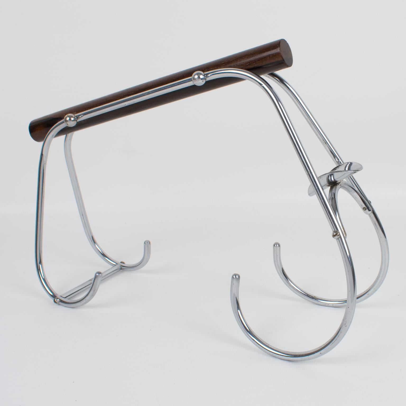 Mid-20th Century Jacques Adnet Art Deco Chrome and Wood Bottle Holder Wine Pourer Server For Sale
