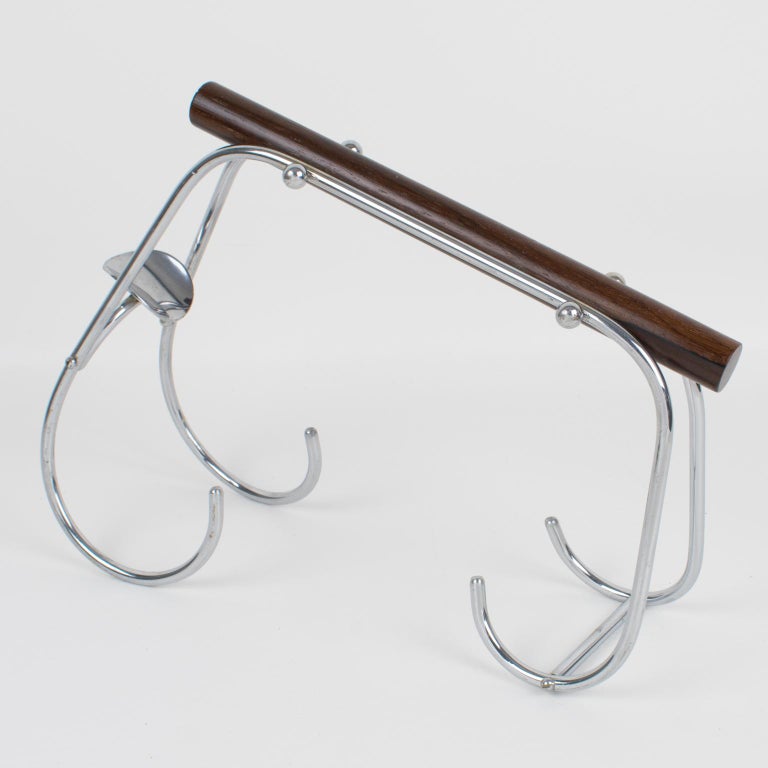 Jacques Art Deco Chrome and Wood Bottle Holder Wine Pourer Server